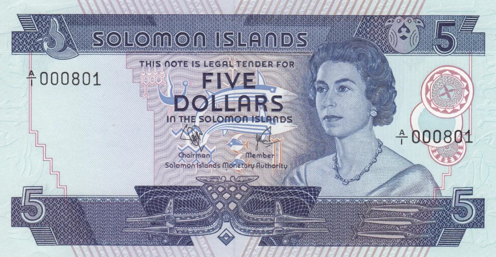 5 dollars 1977 from Solomon Islands, P-6a