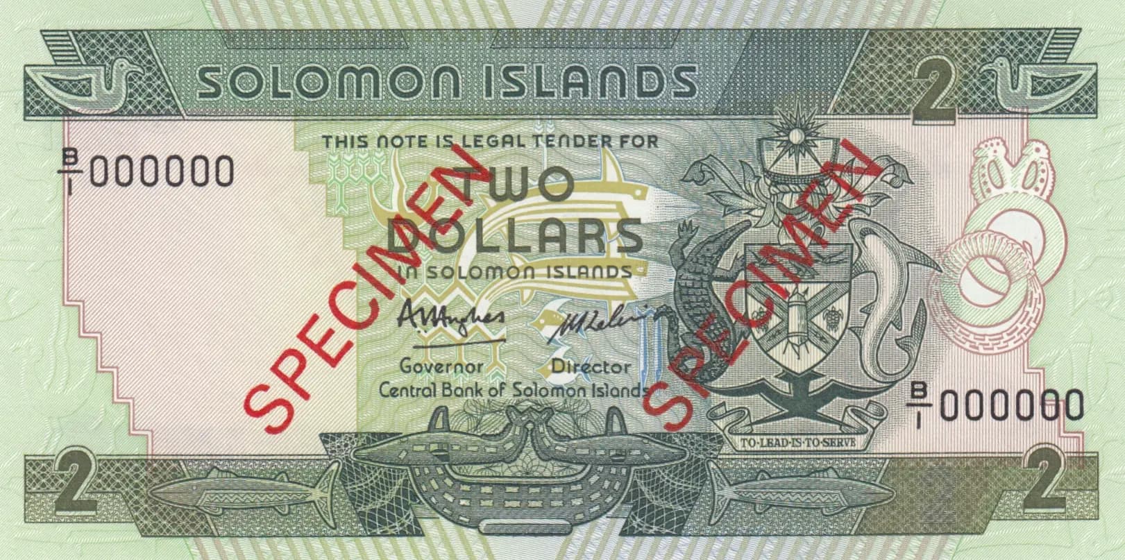 2 dollars 1986 specimen from Solomon Islands, P-13s