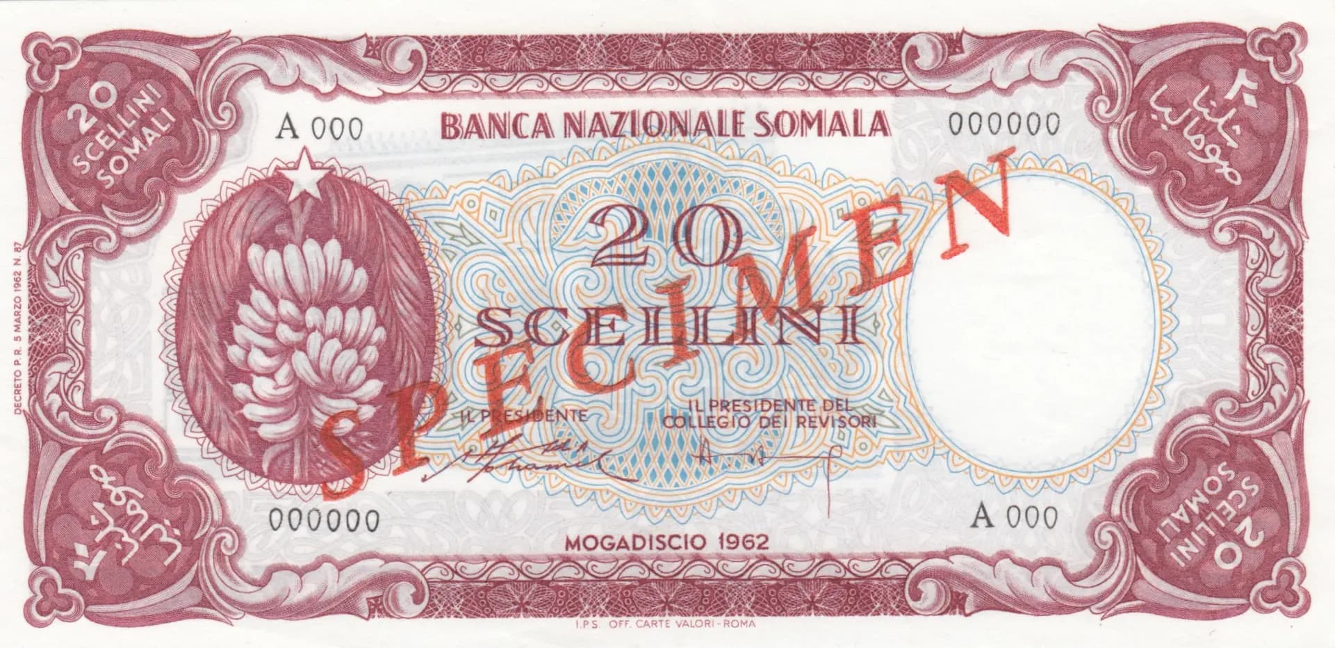 20 scelini 1962 specimen from Somalia, P-3s