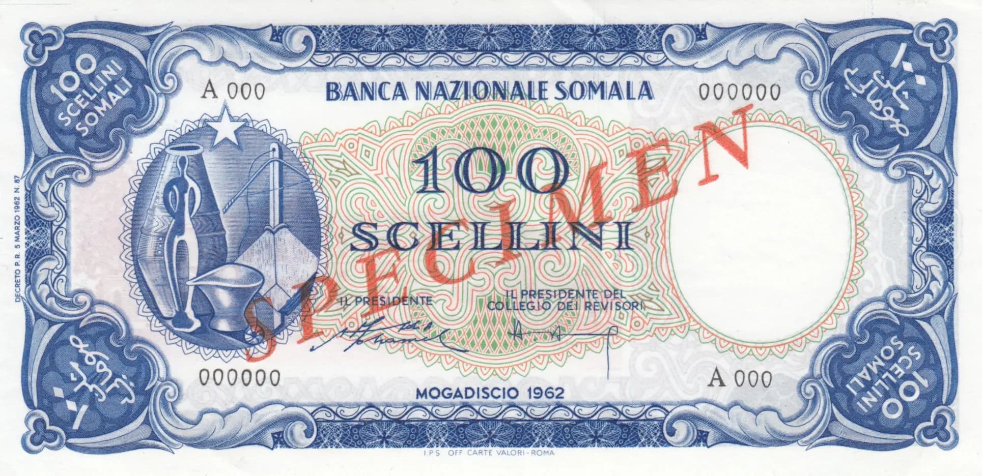 100 scelini 1962 specimen from Somalia, P-4s