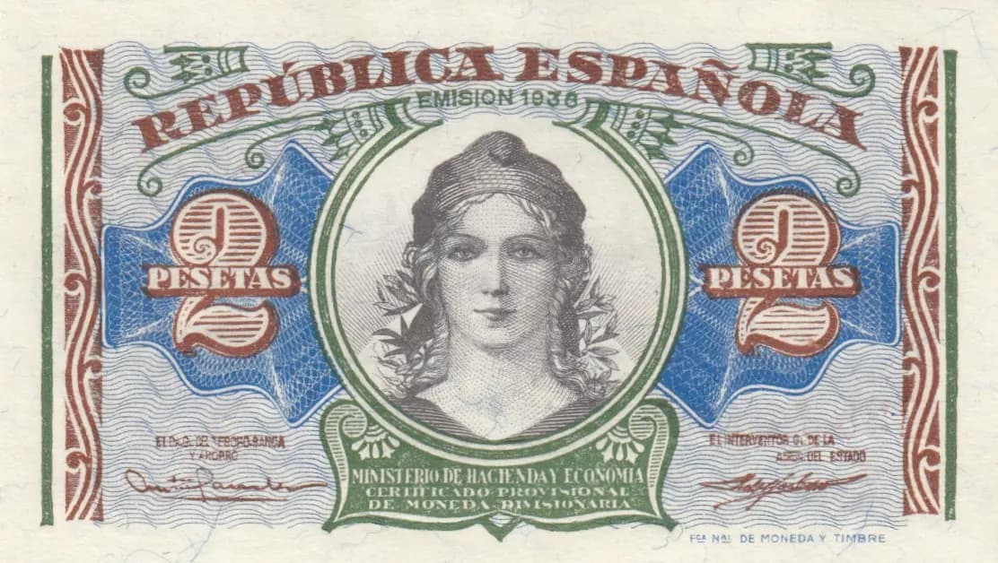2 pesetas 1938 from Spain, P-95 (1938) — image 1