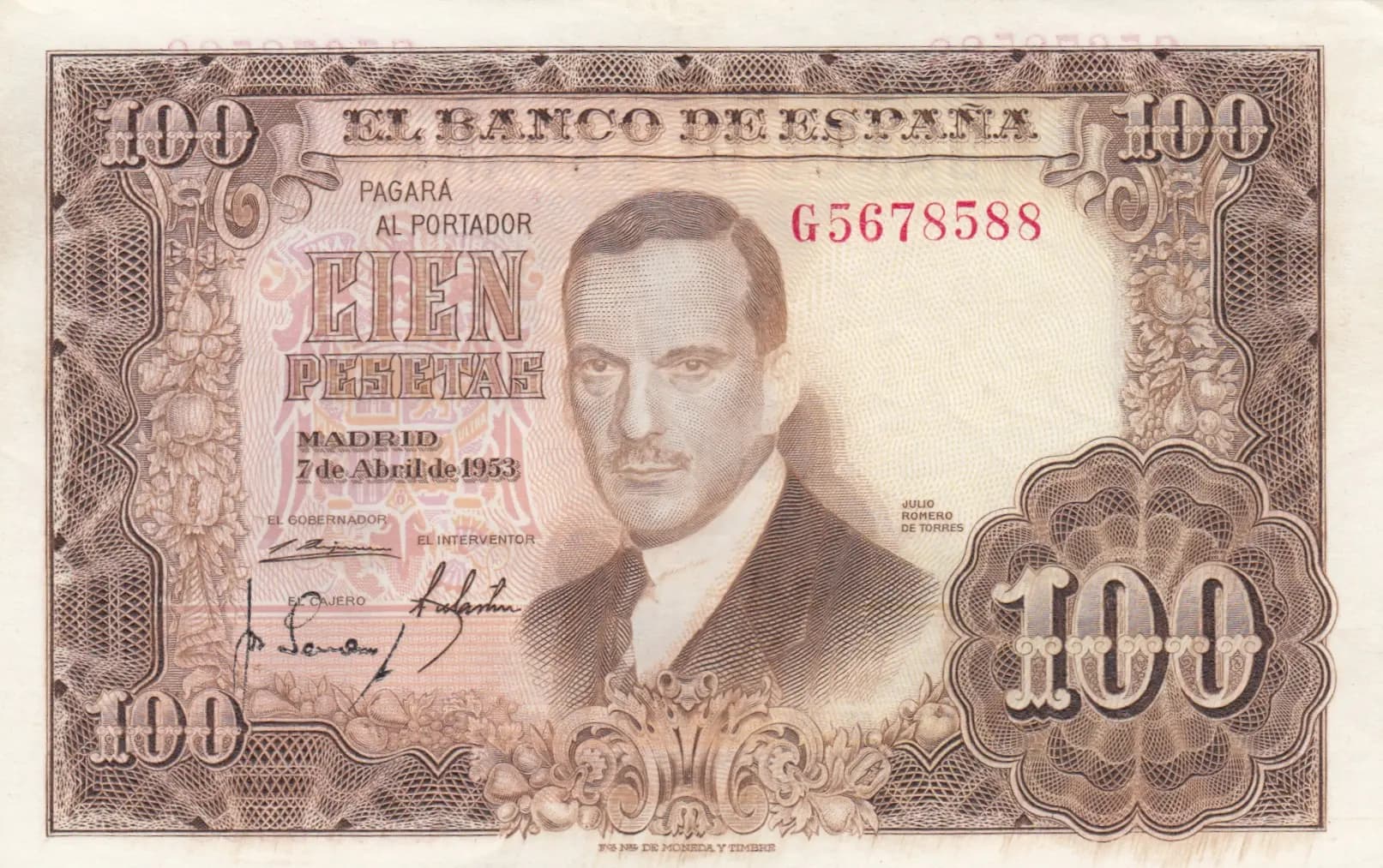 100 pesetas 1953 from Spain, P-145 (1953) — image 1