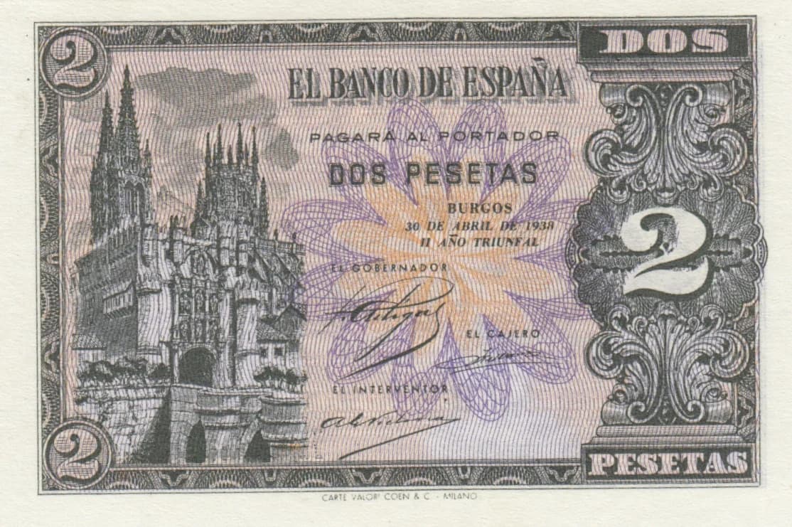 2 pesetas 1938 from Spain, P-109