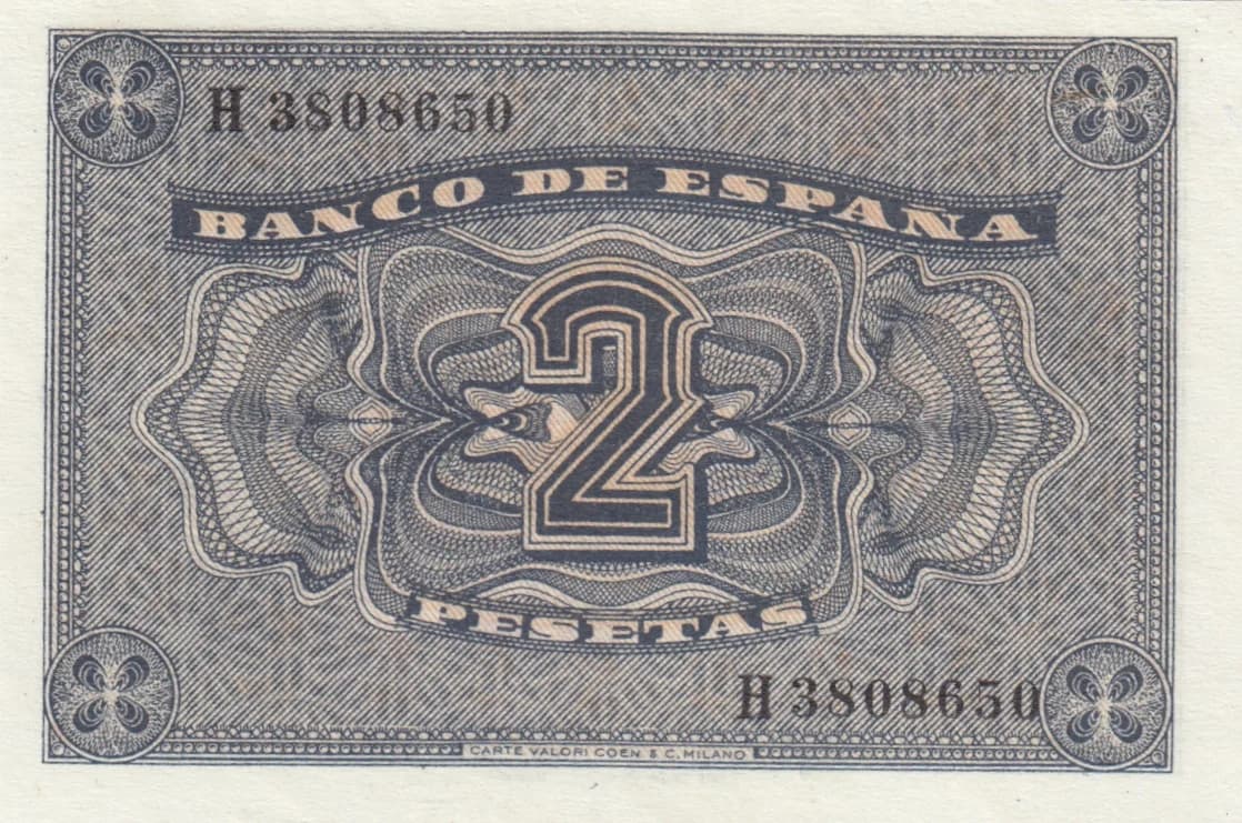 2 pesetas 1938 from Spain, P-109 (1938) — image 2