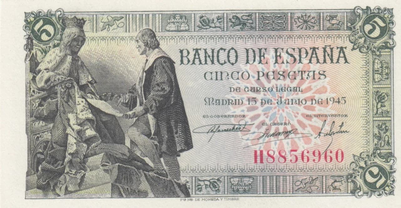 5 pesetas 1945 from Spain, P-129 (1945) — image 1