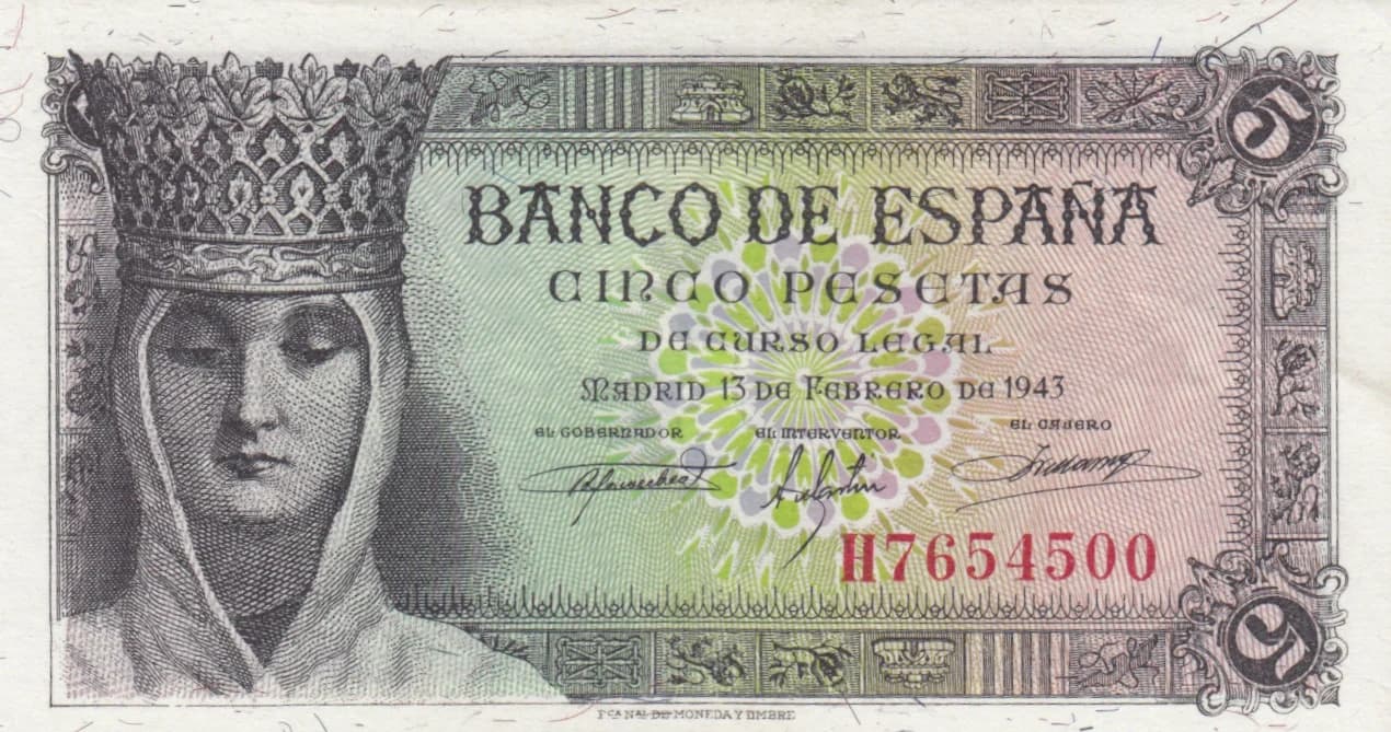 5 pesetas 1943 from Spain, P-127 (1943) — image 1