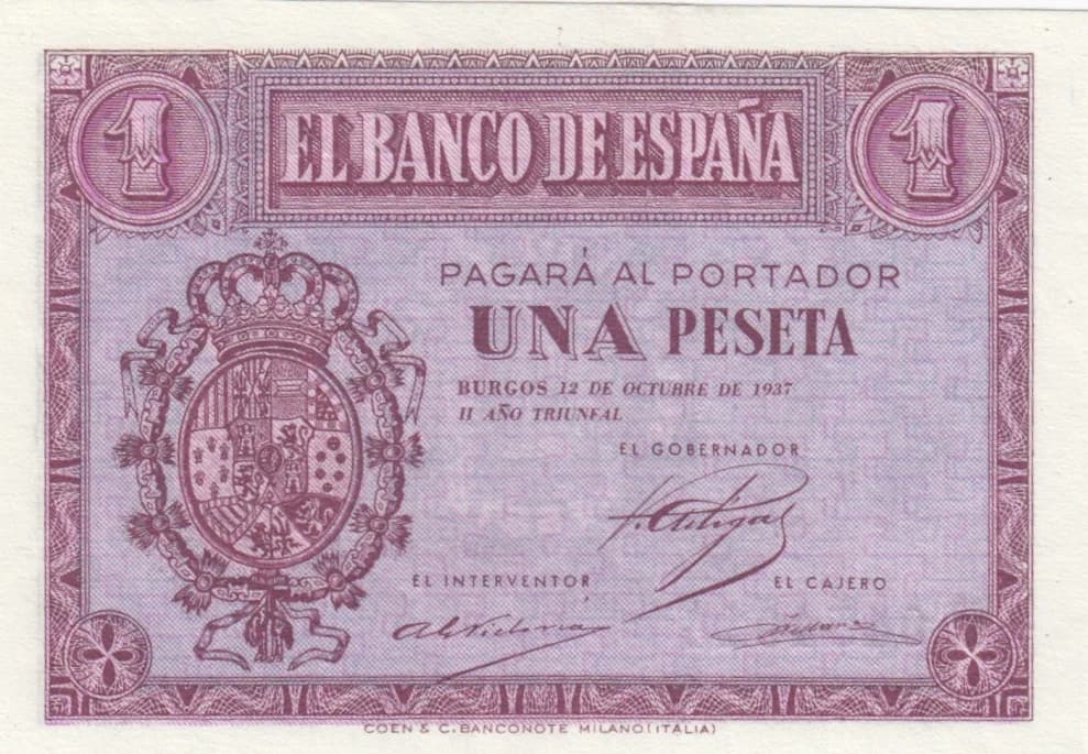 1 peseta 1937 from Spain, P-104