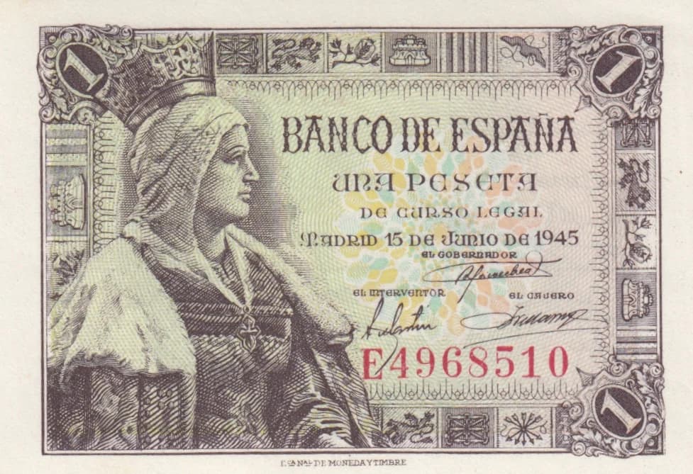 1 peseta 1945 from Spain, P-128 (1945) — image 1