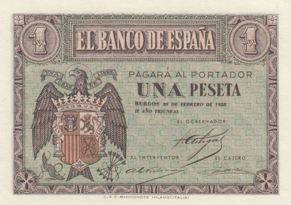 1 peseta 1938 from Spain, P-107