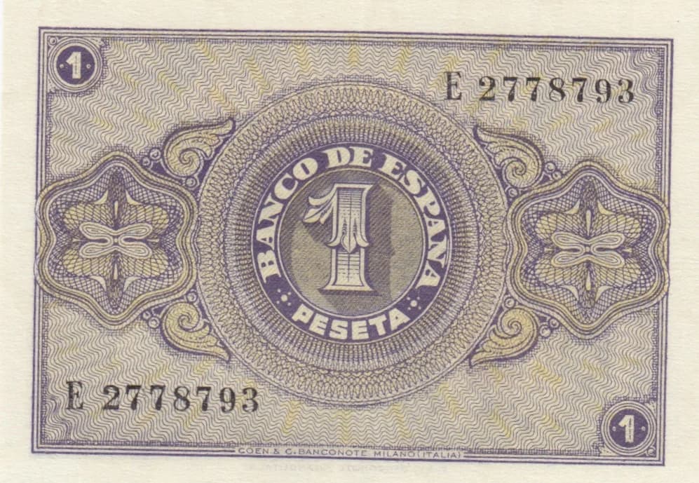 1 peseta 1938 from Spain, P-107 (1938) — image 2