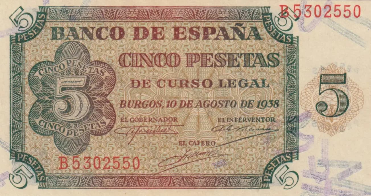 5 pesetas 1938 from Spain, P-110 (1938) — image 1