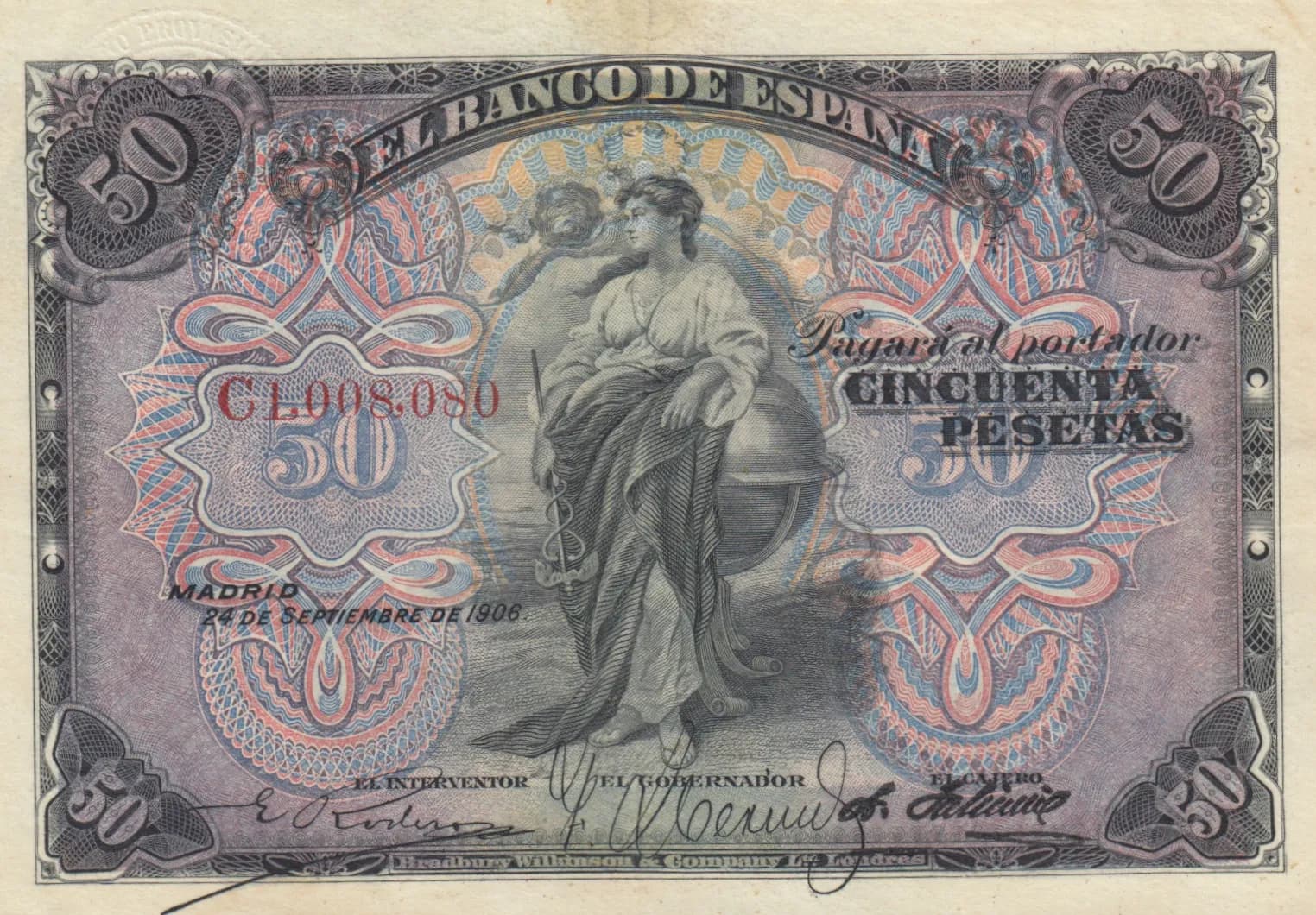 50 pesetas 1906 from Spain, P-58b