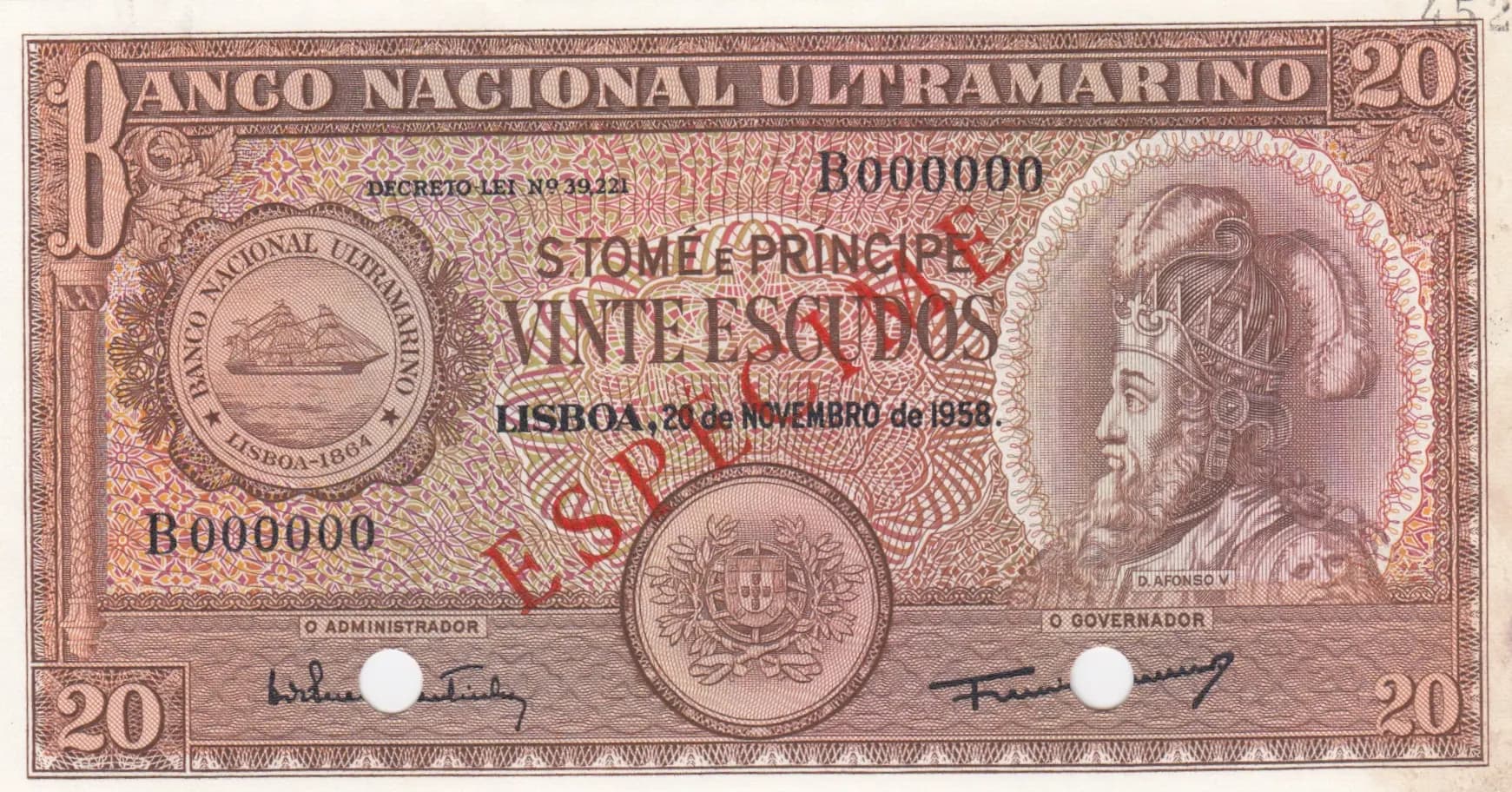 20 escudos 1958 specimen from Saint Thomas & Prince, P-36s