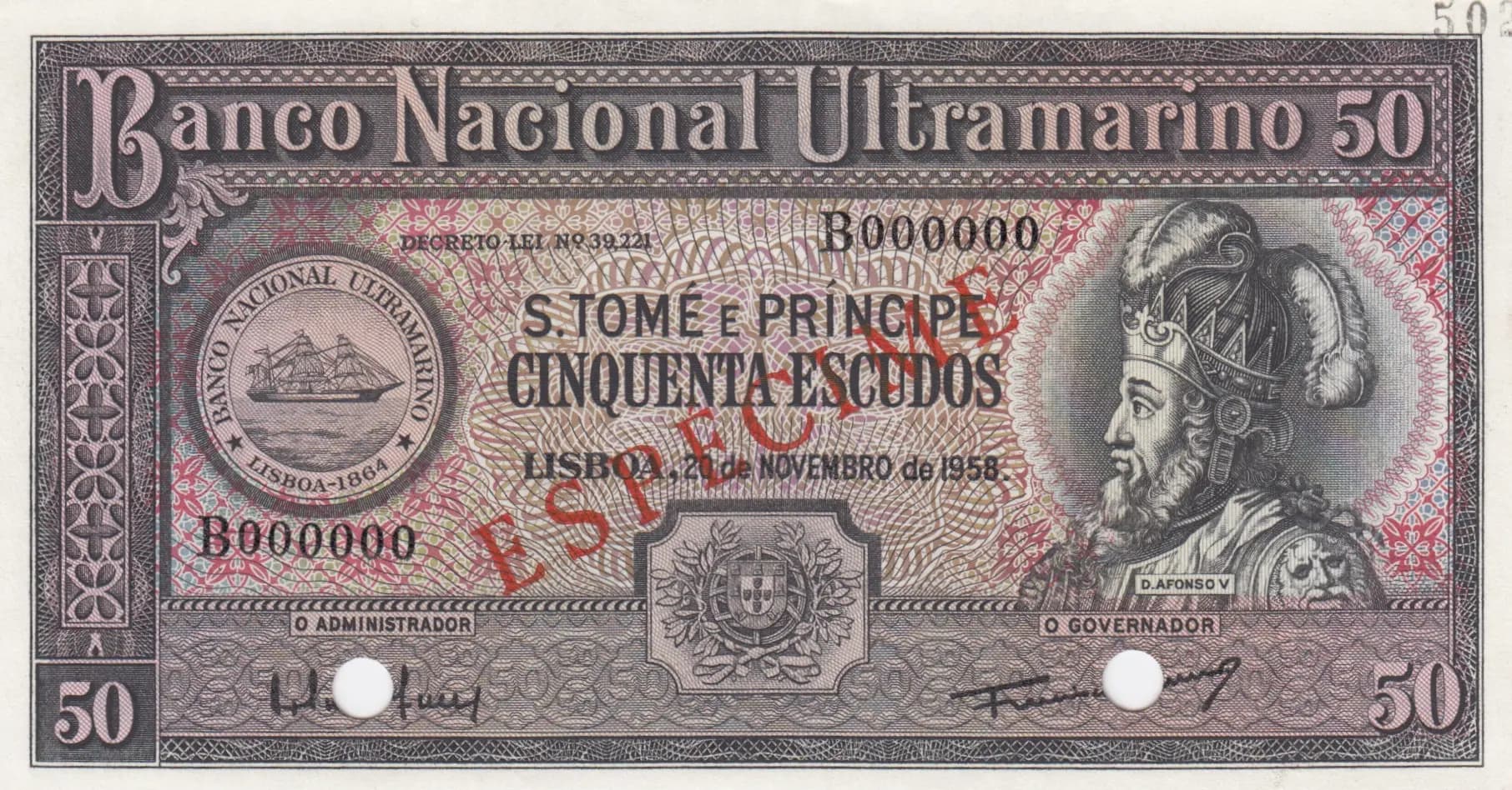50 escudos 1958 specimen from Saint Thomas & Prince, P-37s