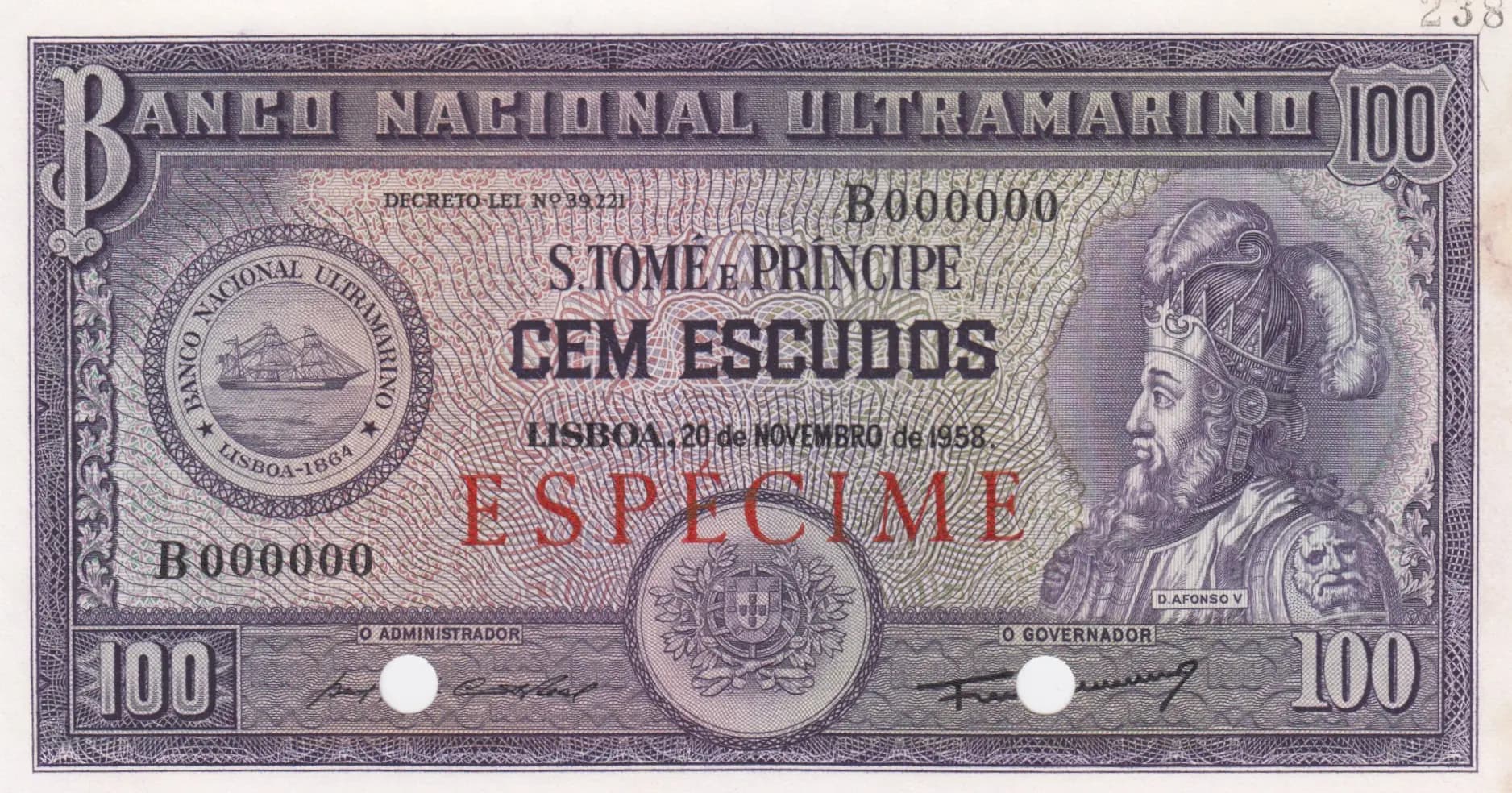 100 escudos 1958 specimen from Saint Thomas & Prince, P-38s