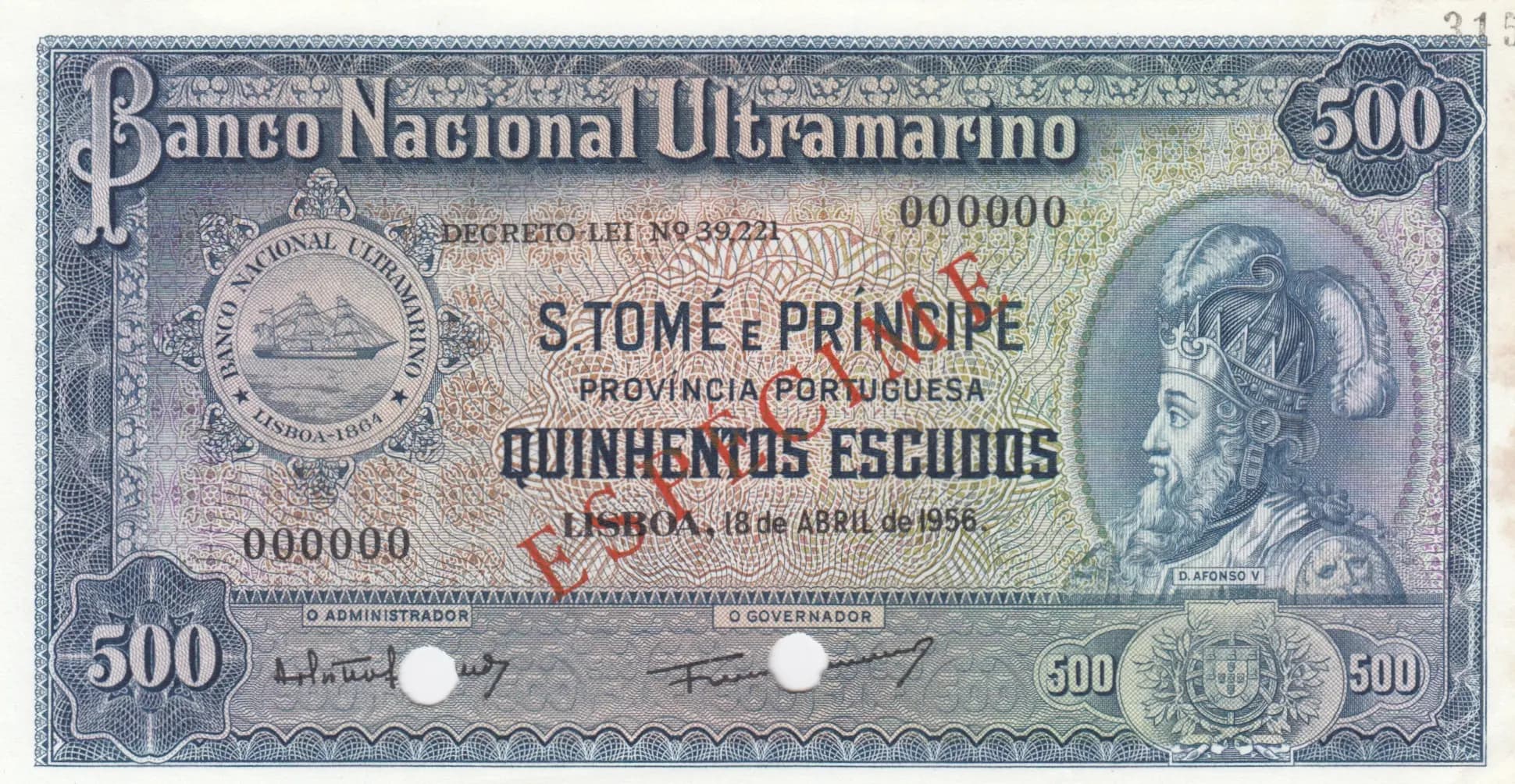 500 escudos 1976 specimen from Saint Thomas & Prince, P-39s (1976) — image 1