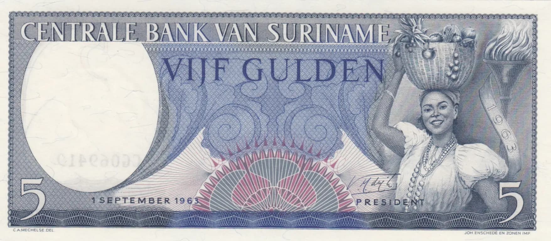 5 gulden 1963 from Suriname, P-120a (1963) — image 1