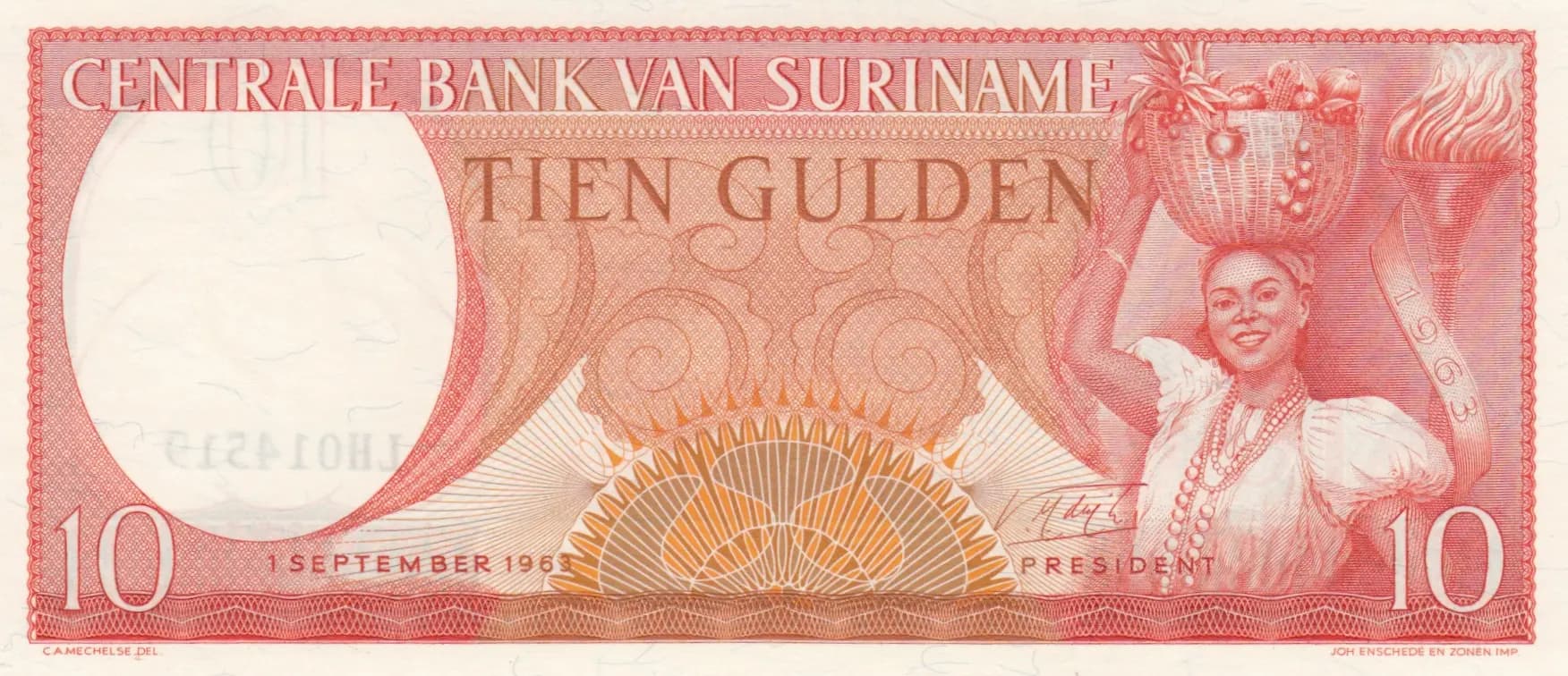 10 gulden 1963 from Suriname, P-121b (1963) — image 1