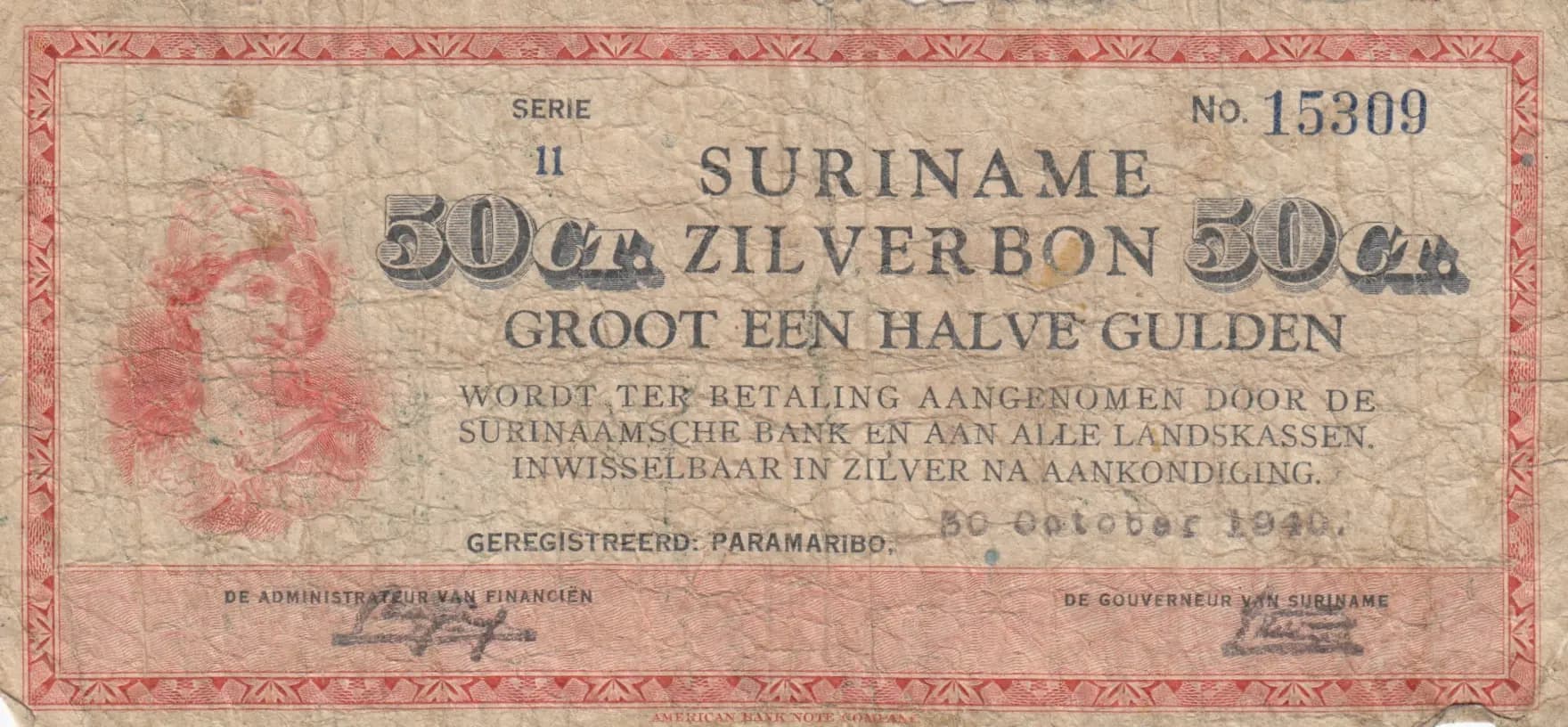 1/2 gulden 1940 from Suriname, P-104a