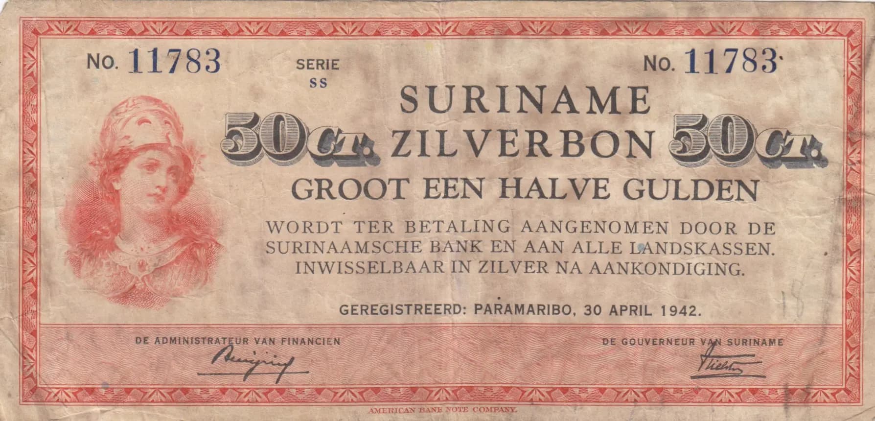 1/2 gulden 1942 from Suriname, P-104c