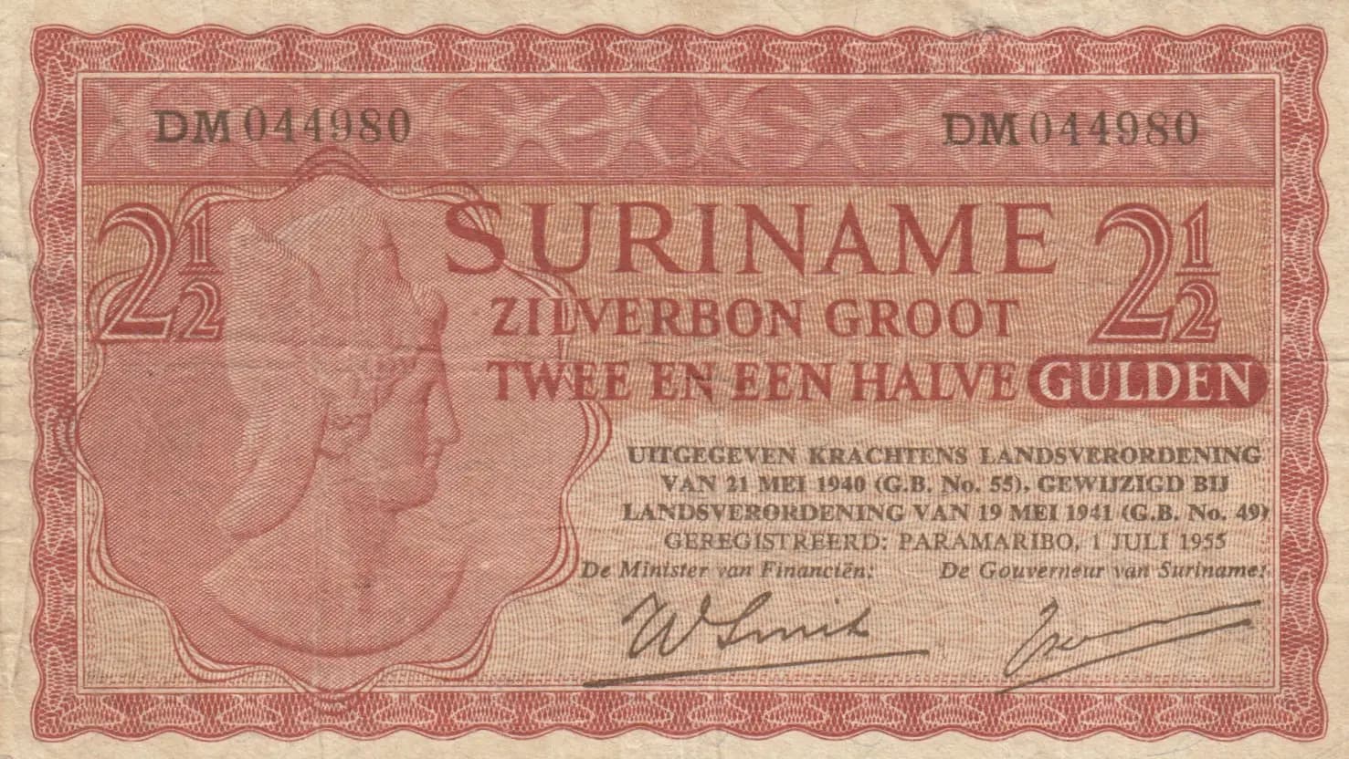 2 1/2 gulden 1955 from Suriname, P-110 (1955) — image 1