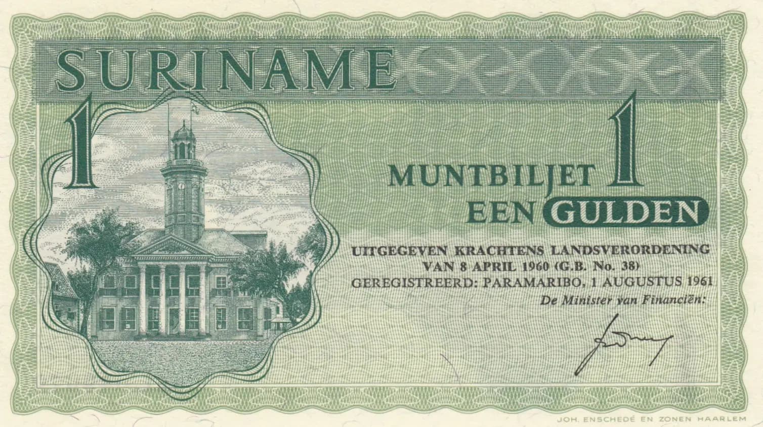 1 gulden 1961 from Suriname, P-116a