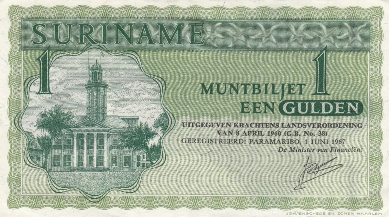 1 gulden 1967 from Suriname, P-116a (1967) — image 1