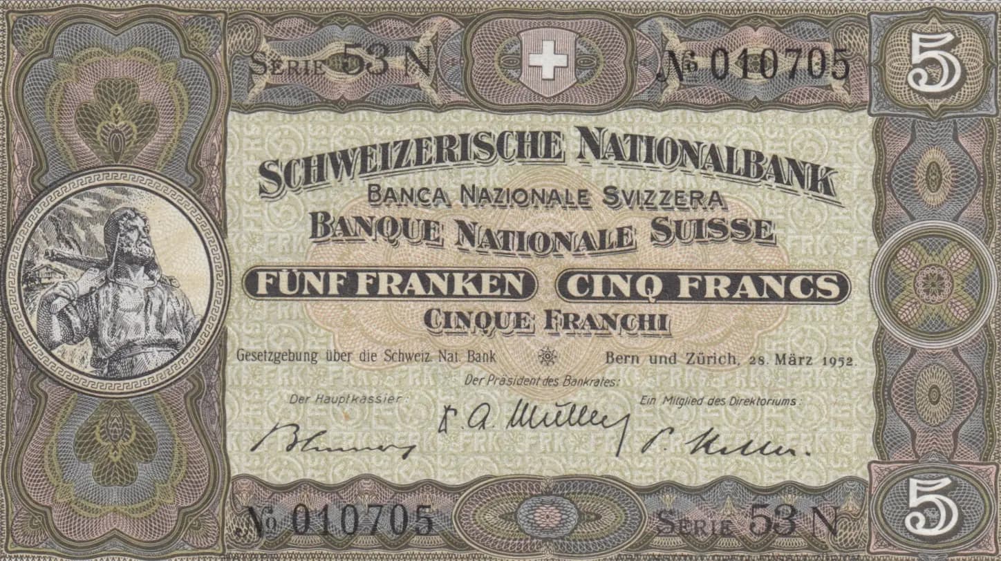 5 francs 1952 from Switzerland, P-11p (1952) — image 1