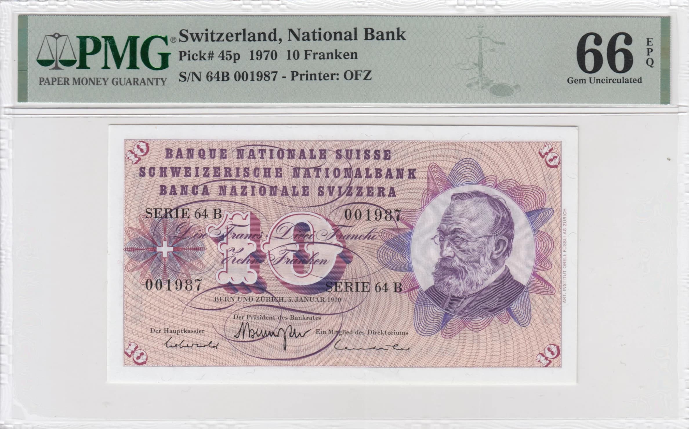 10 franken 1970 from Switzerland, P-45p