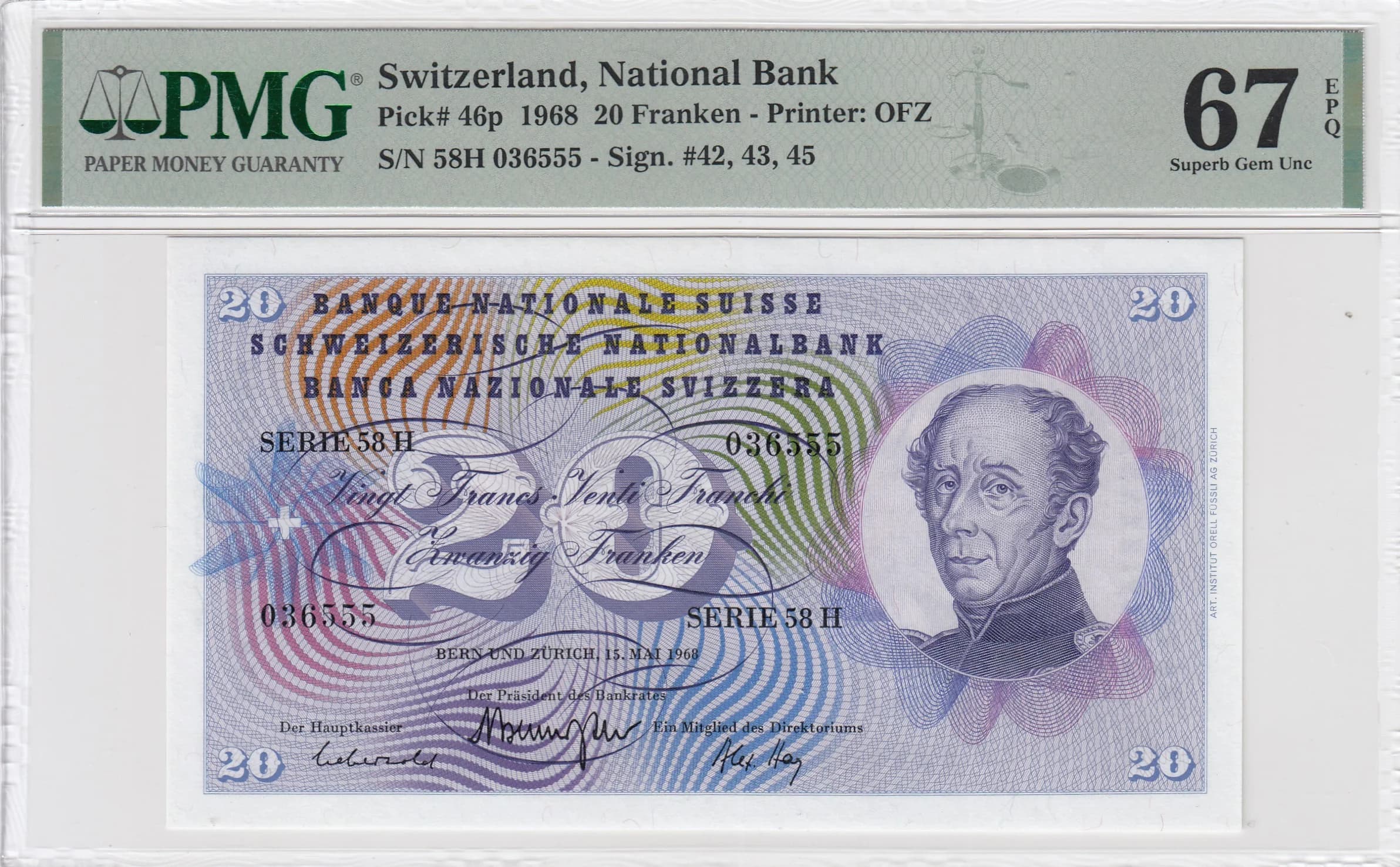 20 franken 1968 from Switzerland, P-46p