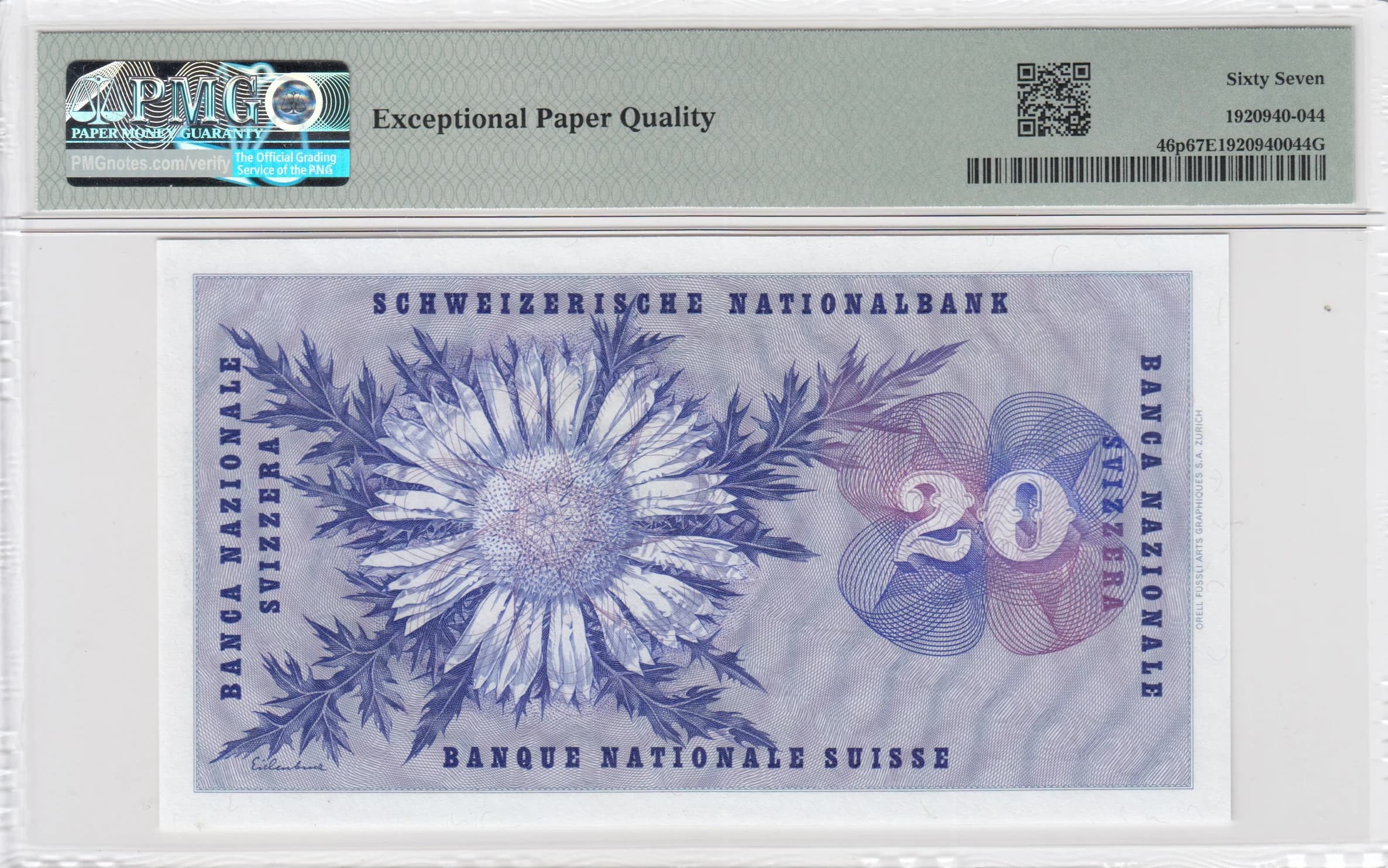 20 franken 1968 from Switzerland, P-46p (1968) — image 2