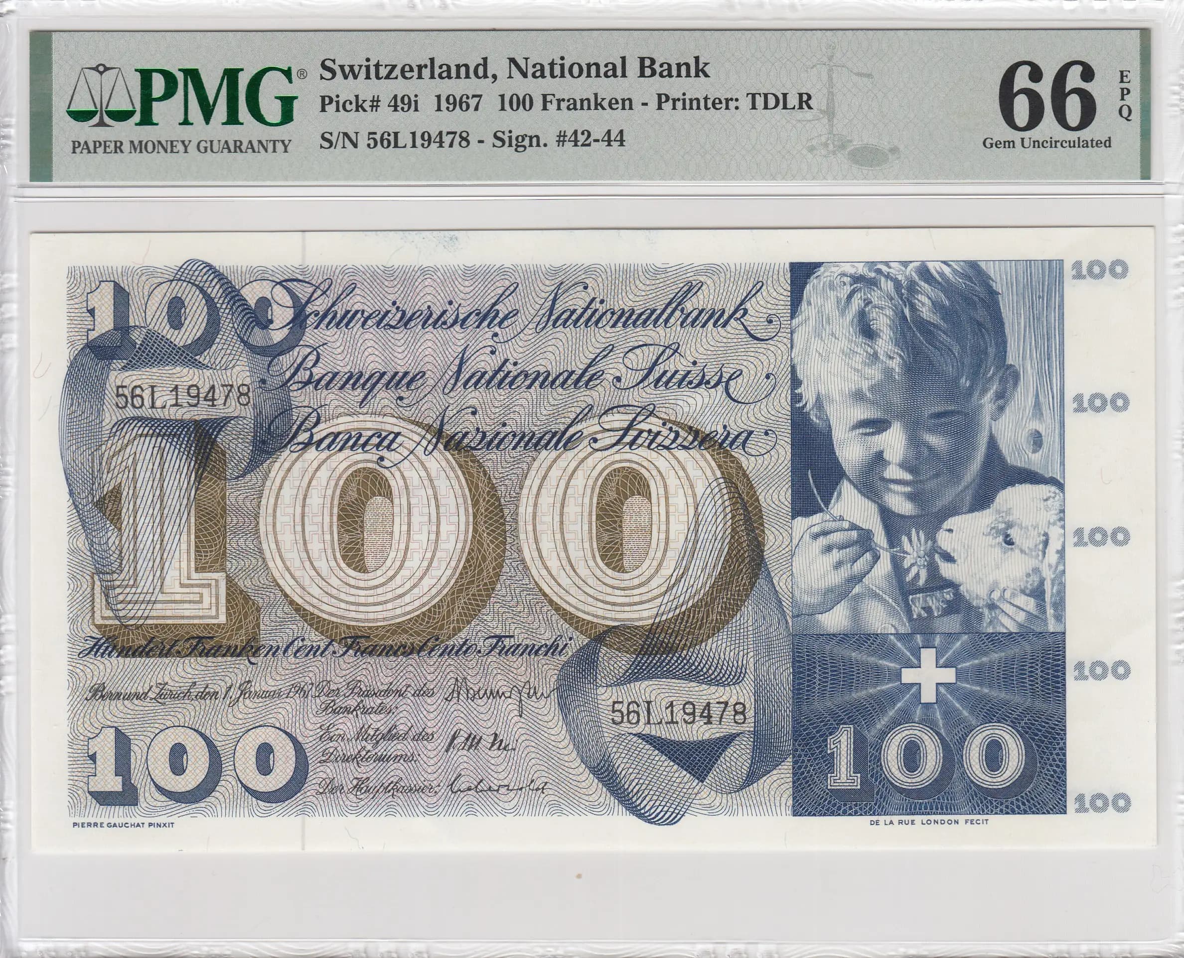 100 francs 1967 from Switzerland, P-49i (1967) — image 1