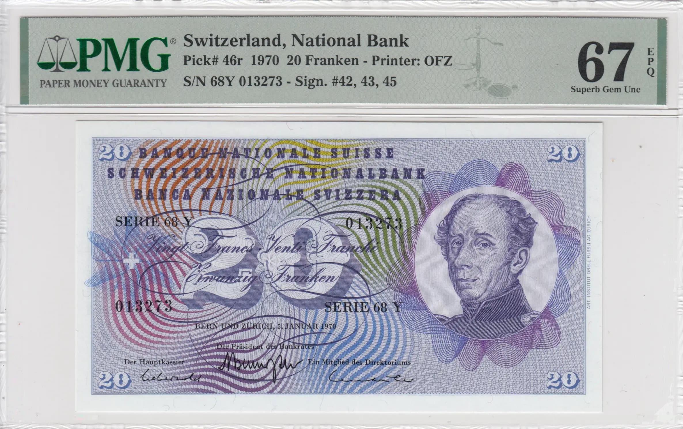 20 franken 1970 from Switzerland, P-46r