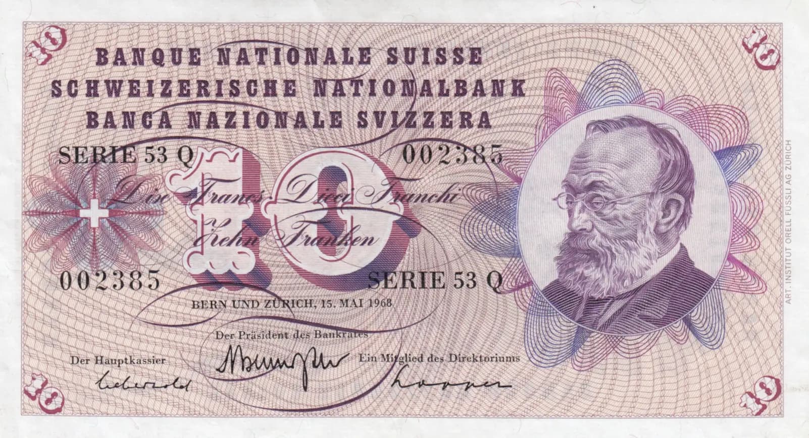 10 franken 1968 from Switzerland, P-45n