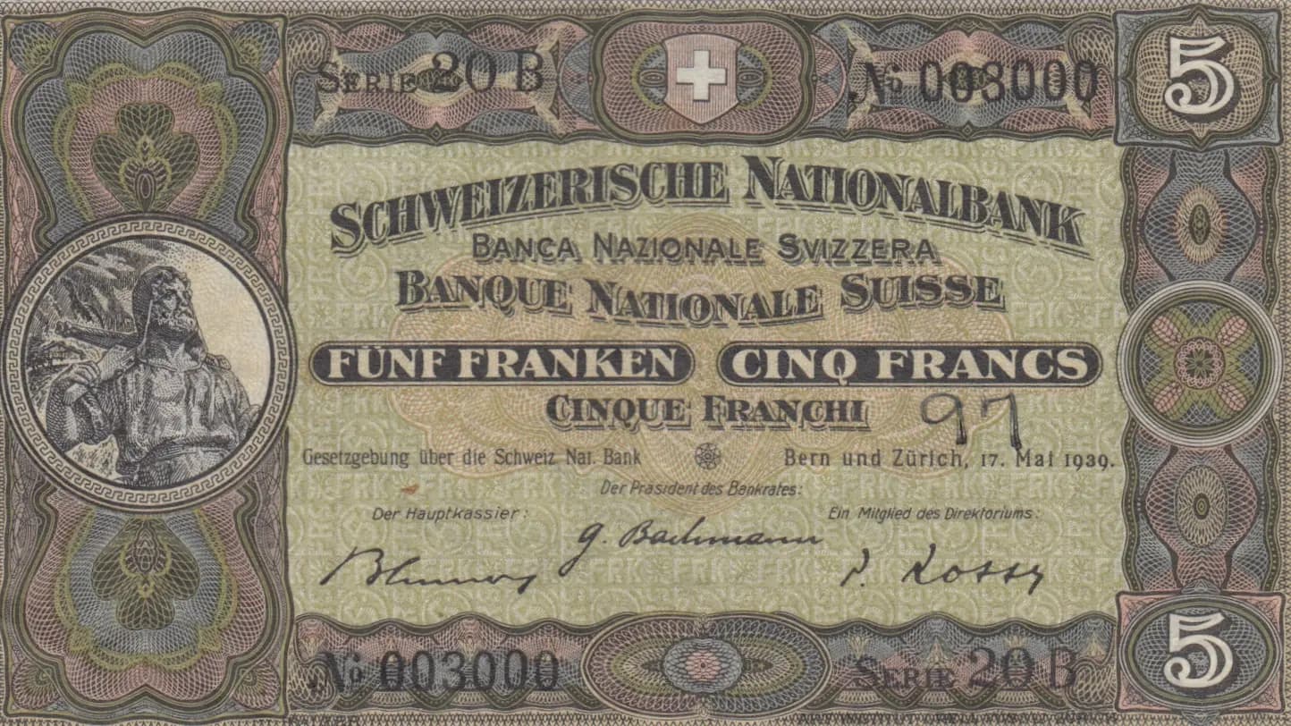 5 francs 1939 from Switzerland, P-11i