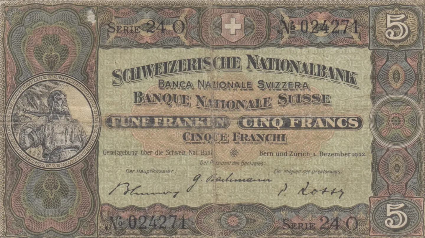 5 francs 1942 from Switzerland, P-11j