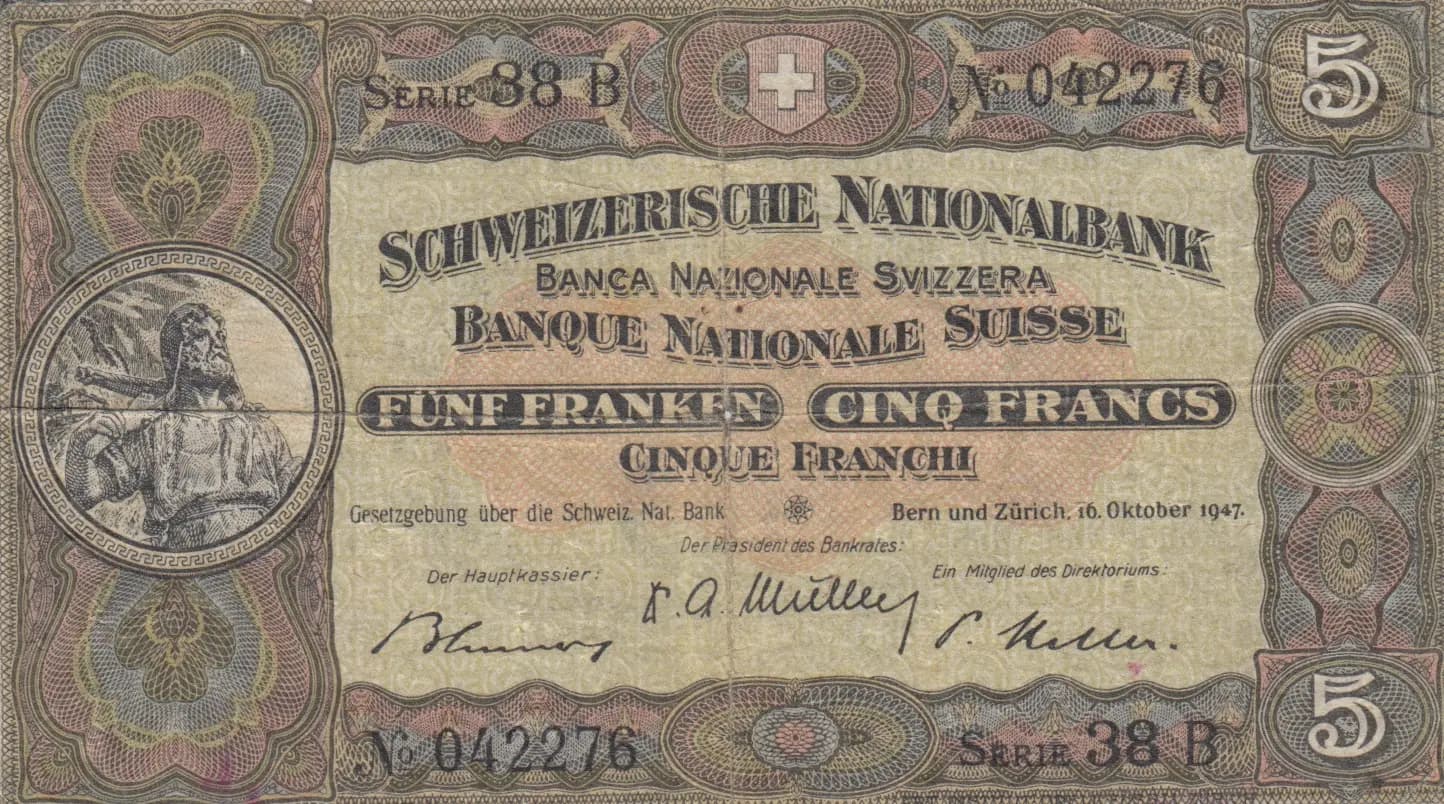 5 francs 1947 from Switzerland, P-11m
