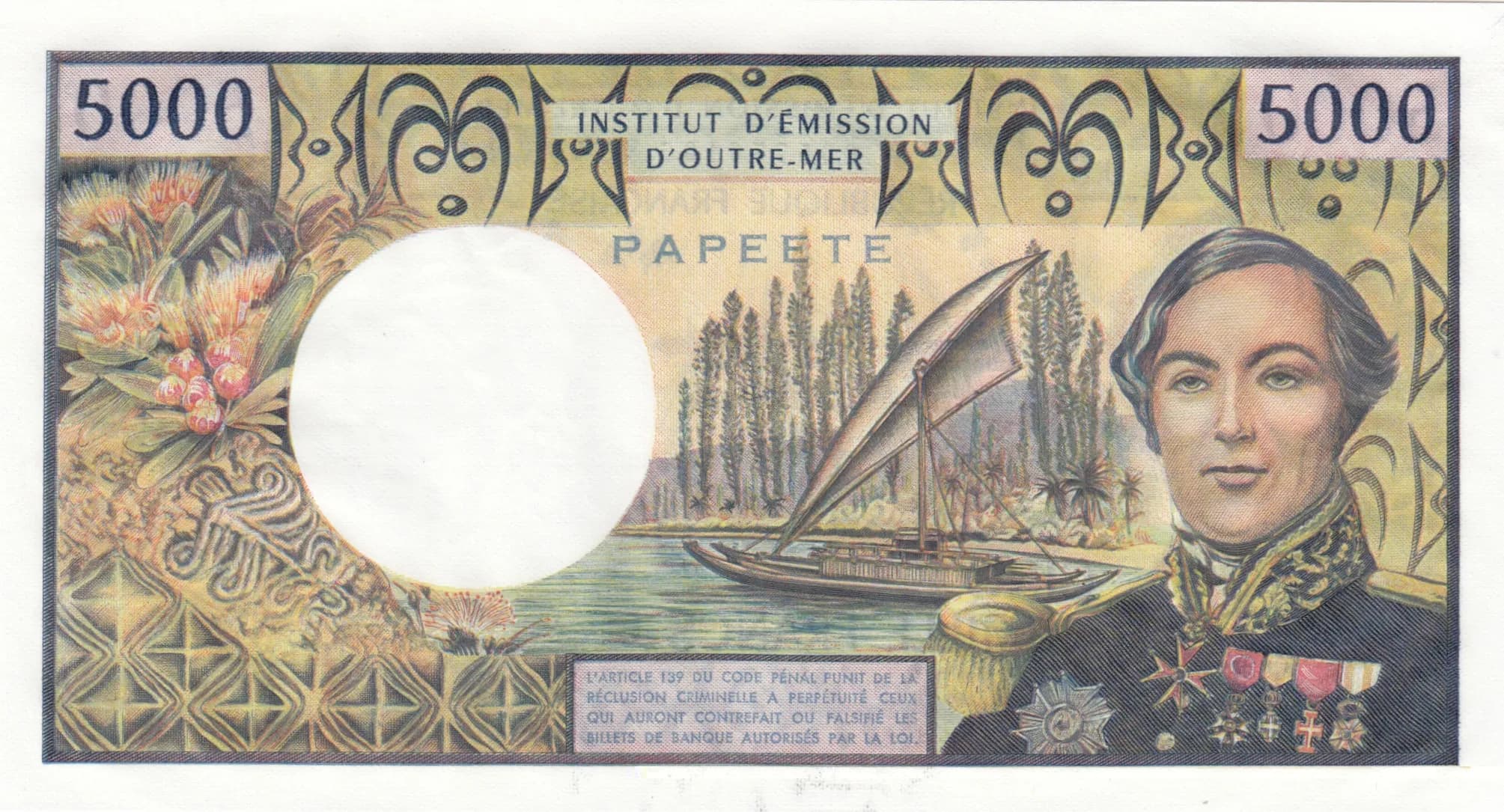 5000 francs 1985 from Tahiti, P-28d (1985) — image 2