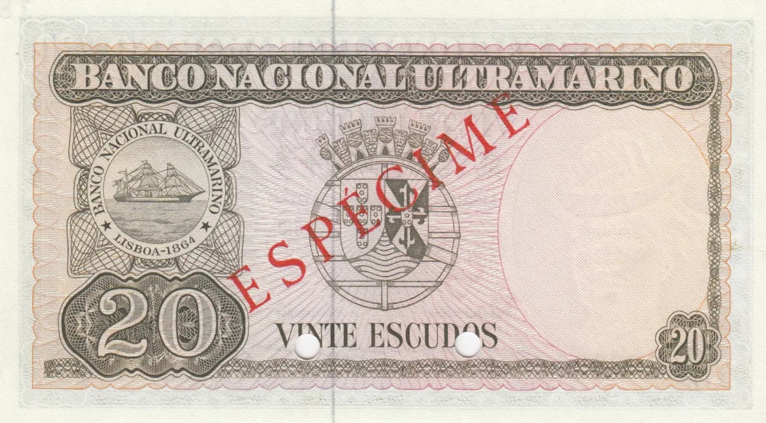20 escudos 1967 specimen from Timor, P-26s (1967) — image 2