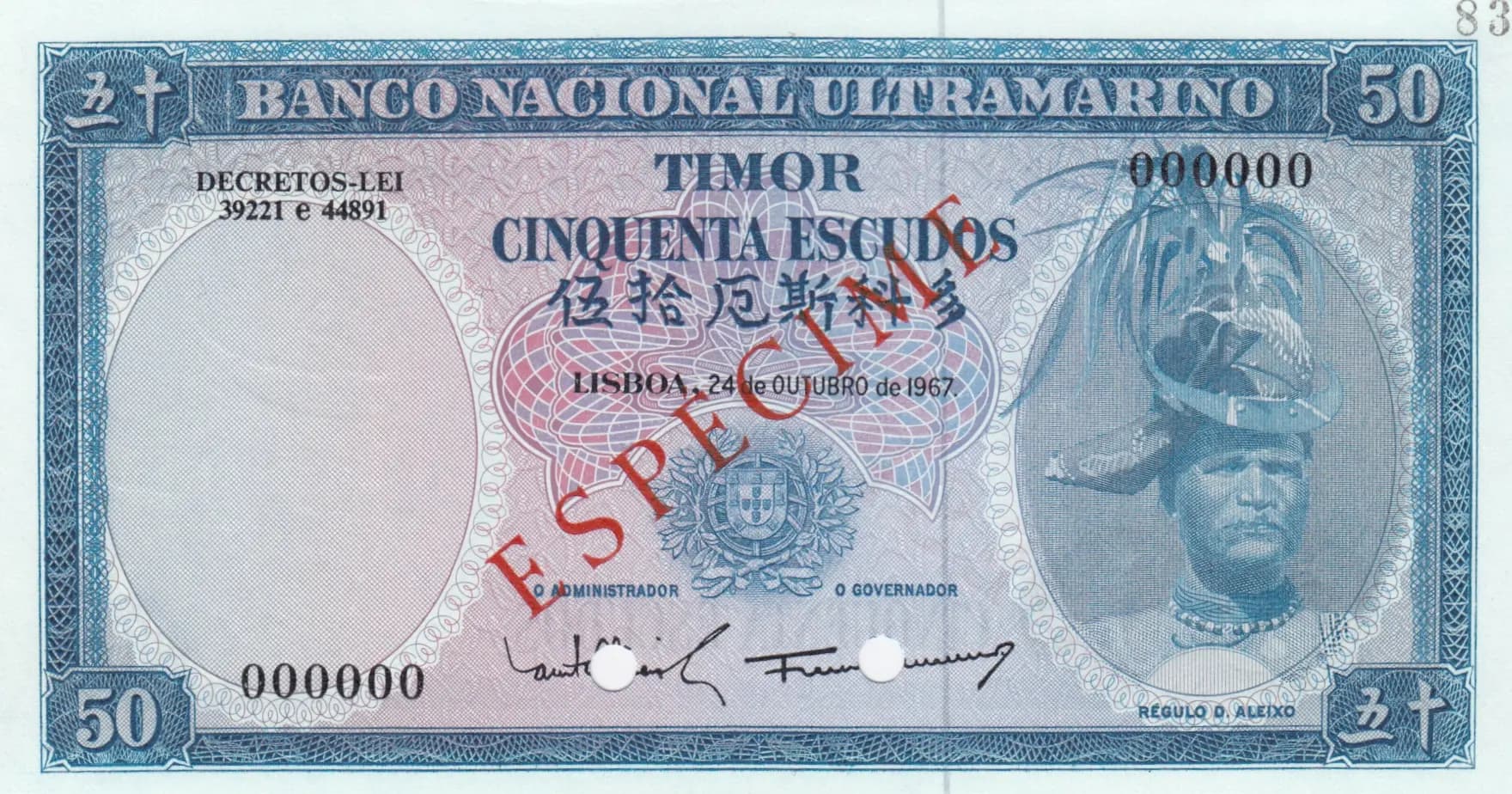 50 escudos 1967 specimen from Timor, P-27s