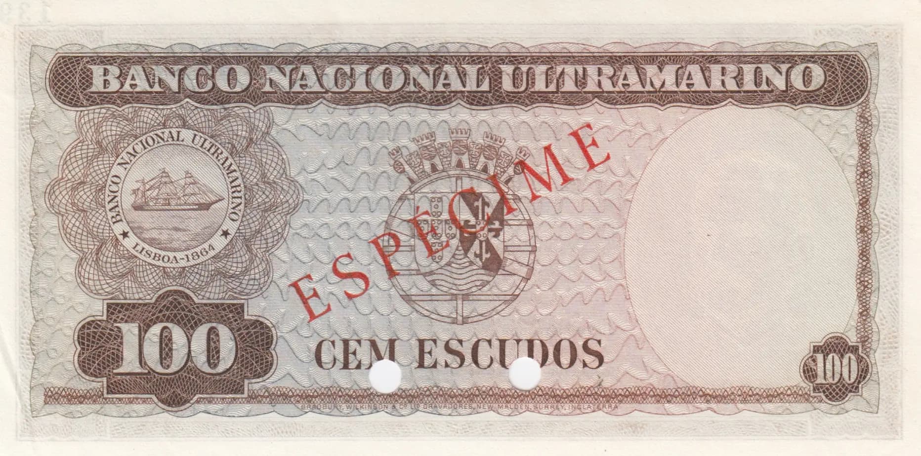 100 escudos 1959 specimen from Timor, P-24s (1959) — image 2