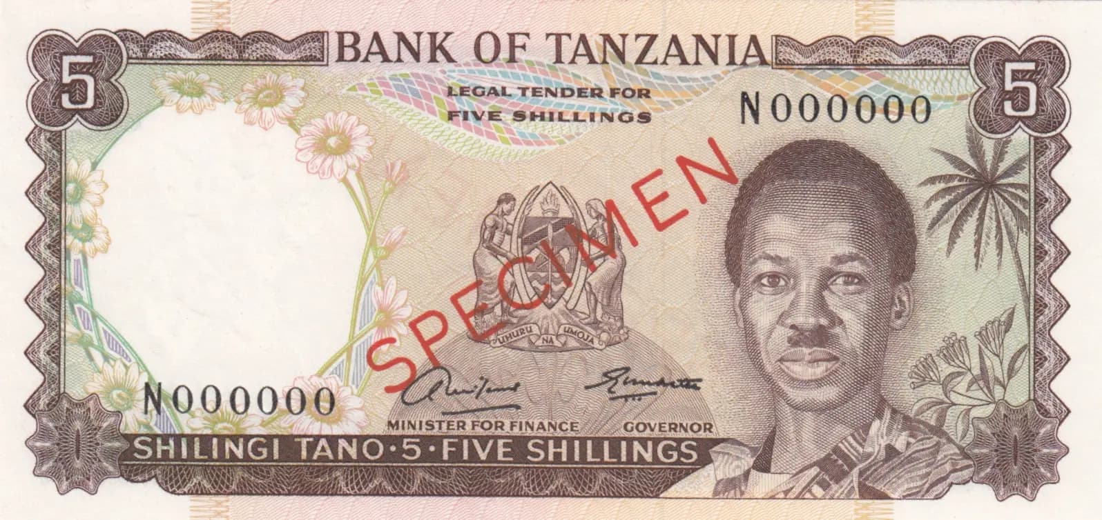 5 shillings 1966 specimen from Tanzania, P-1s