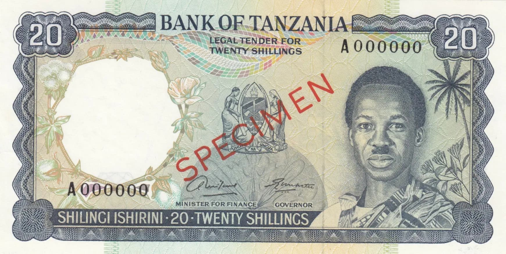 20 shillings 1966 specimen from Tanzania, P-3as