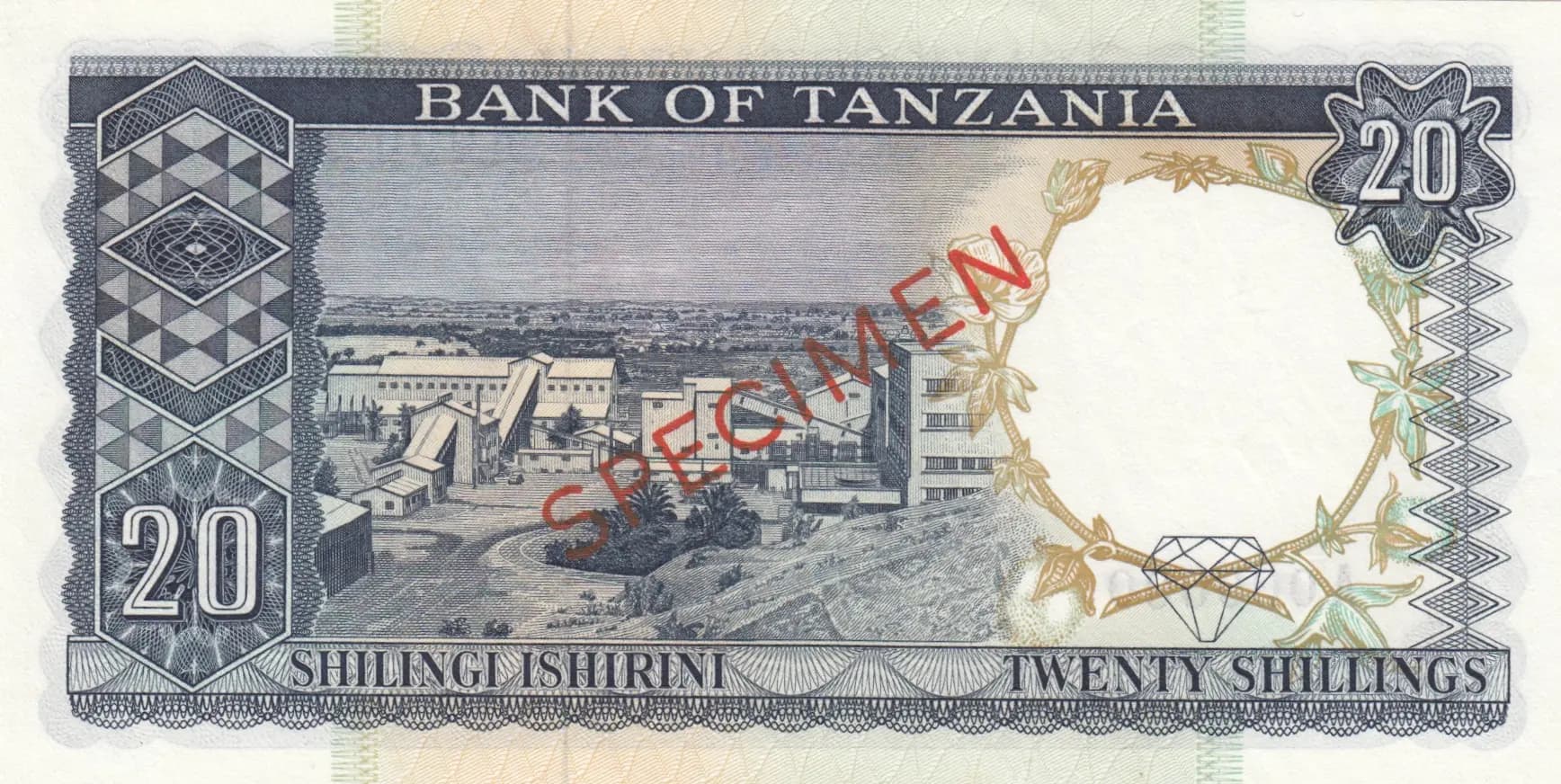 20 shillings 1966 specimen from Tanzania, P-3as (1966) — image 2