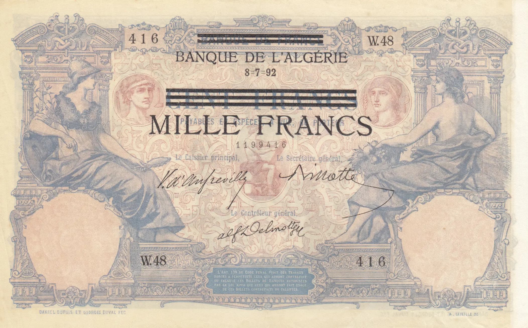 1000 francs 1942 from Tunisia, P-31 (1942) — image 1