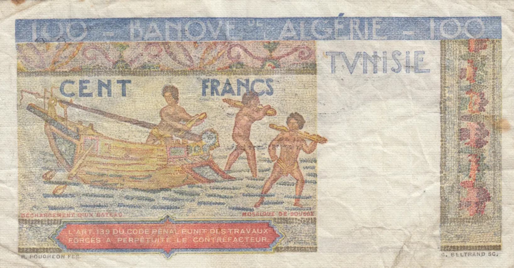 100 francs 1947 from Tunisia, P-24 (1947) — image 2