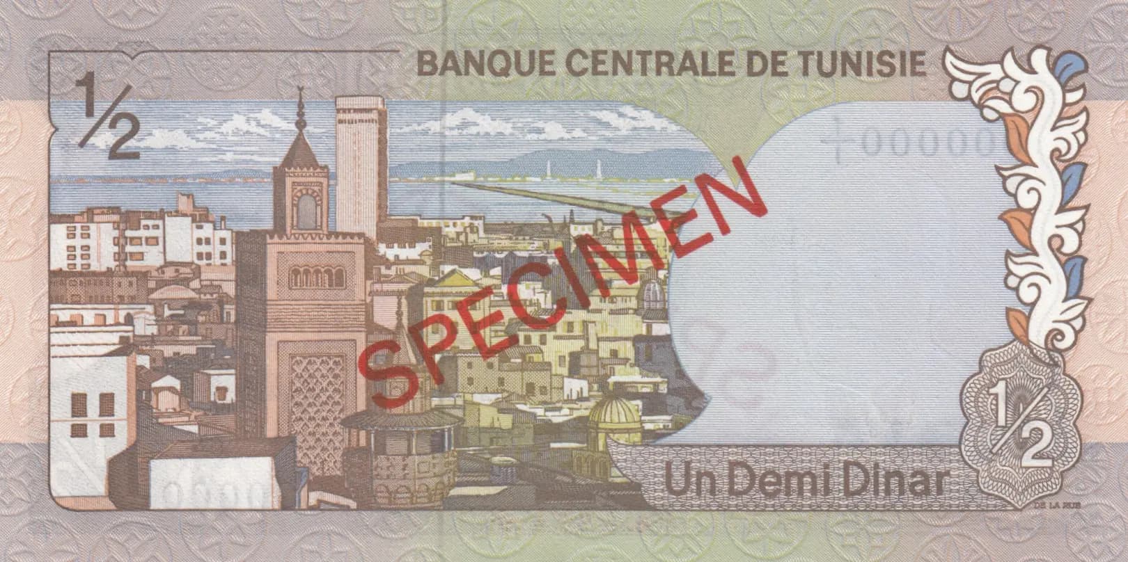 1/2 dinar 1972 specimen from Tunisia, P-66s (1972) — image 2