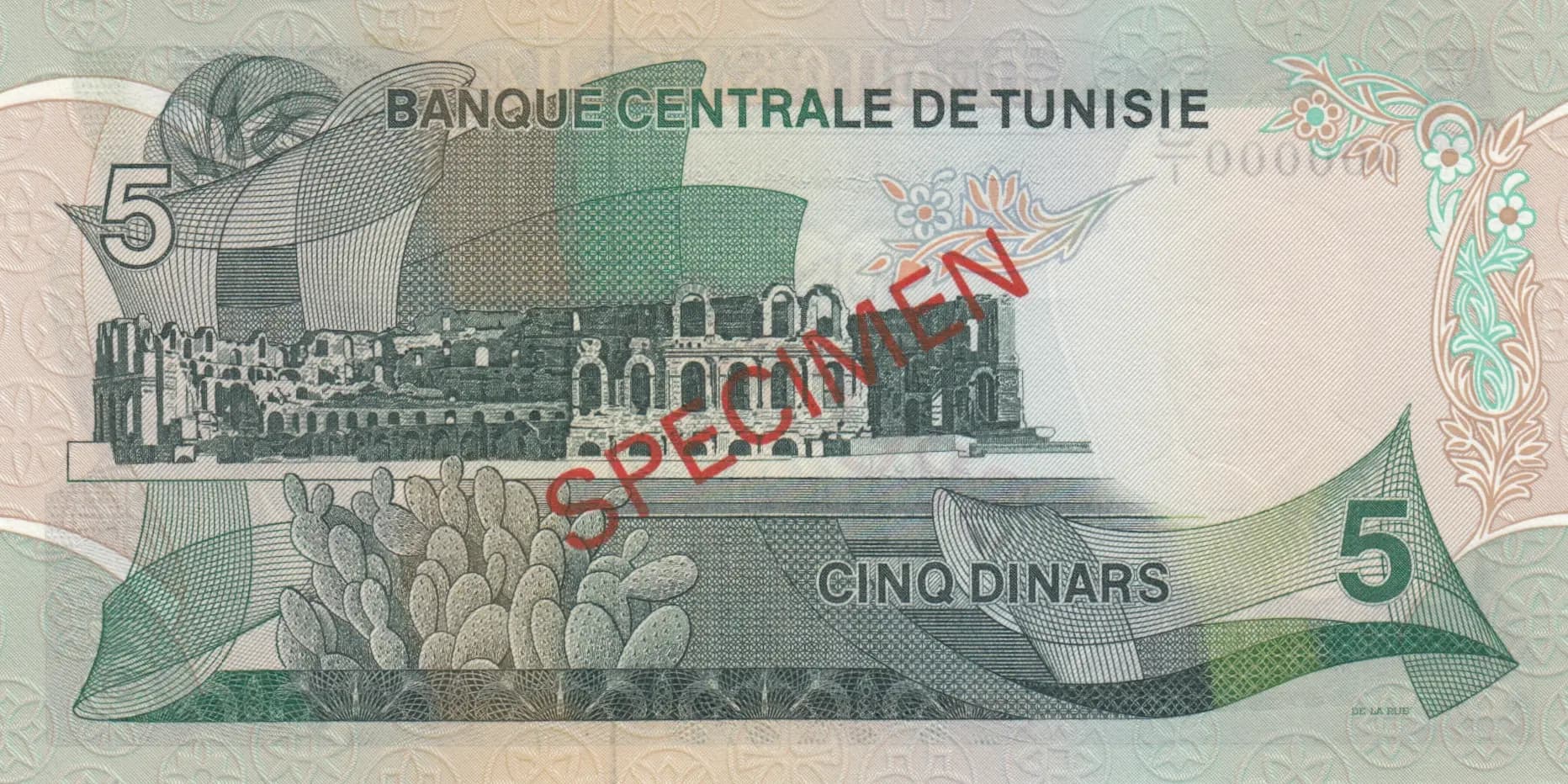 5 dinars 1972 specimen from Tunisia, P-68s (1972) — image 2