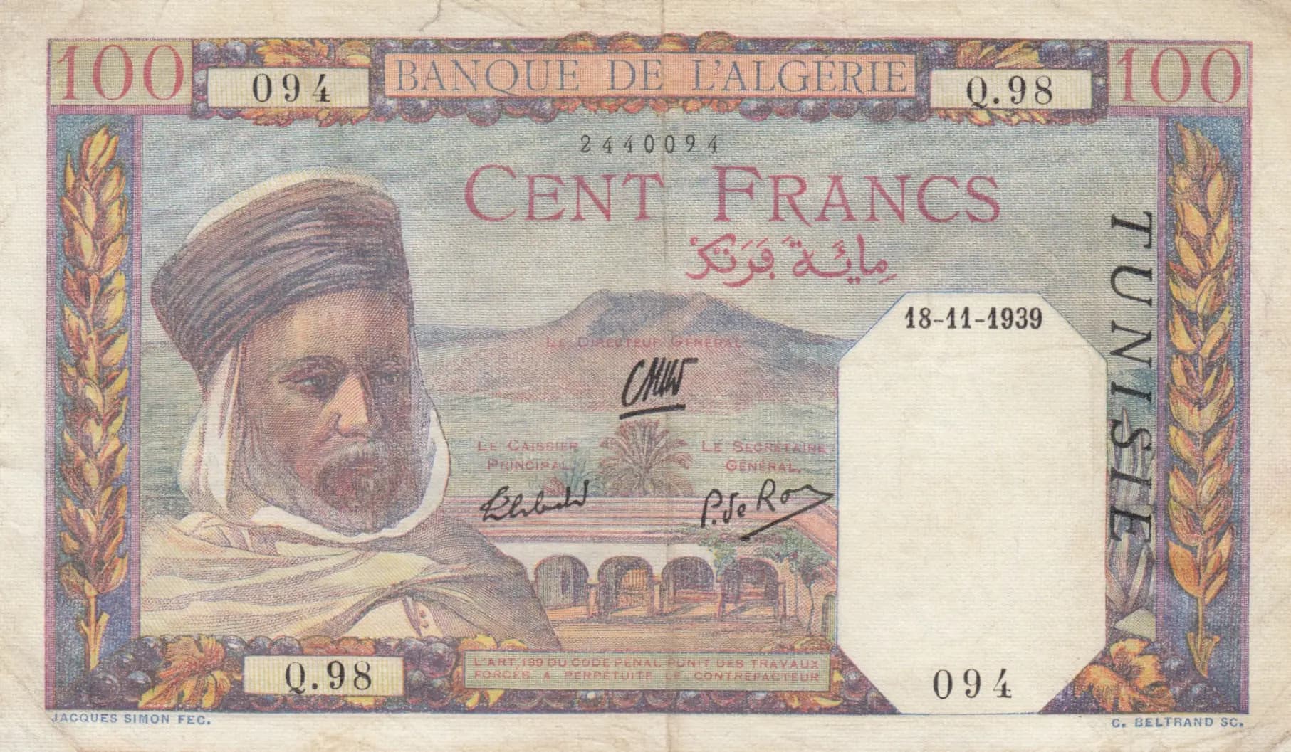 100 francs 1939 from Tunisia, P-13a (1939) — image 1