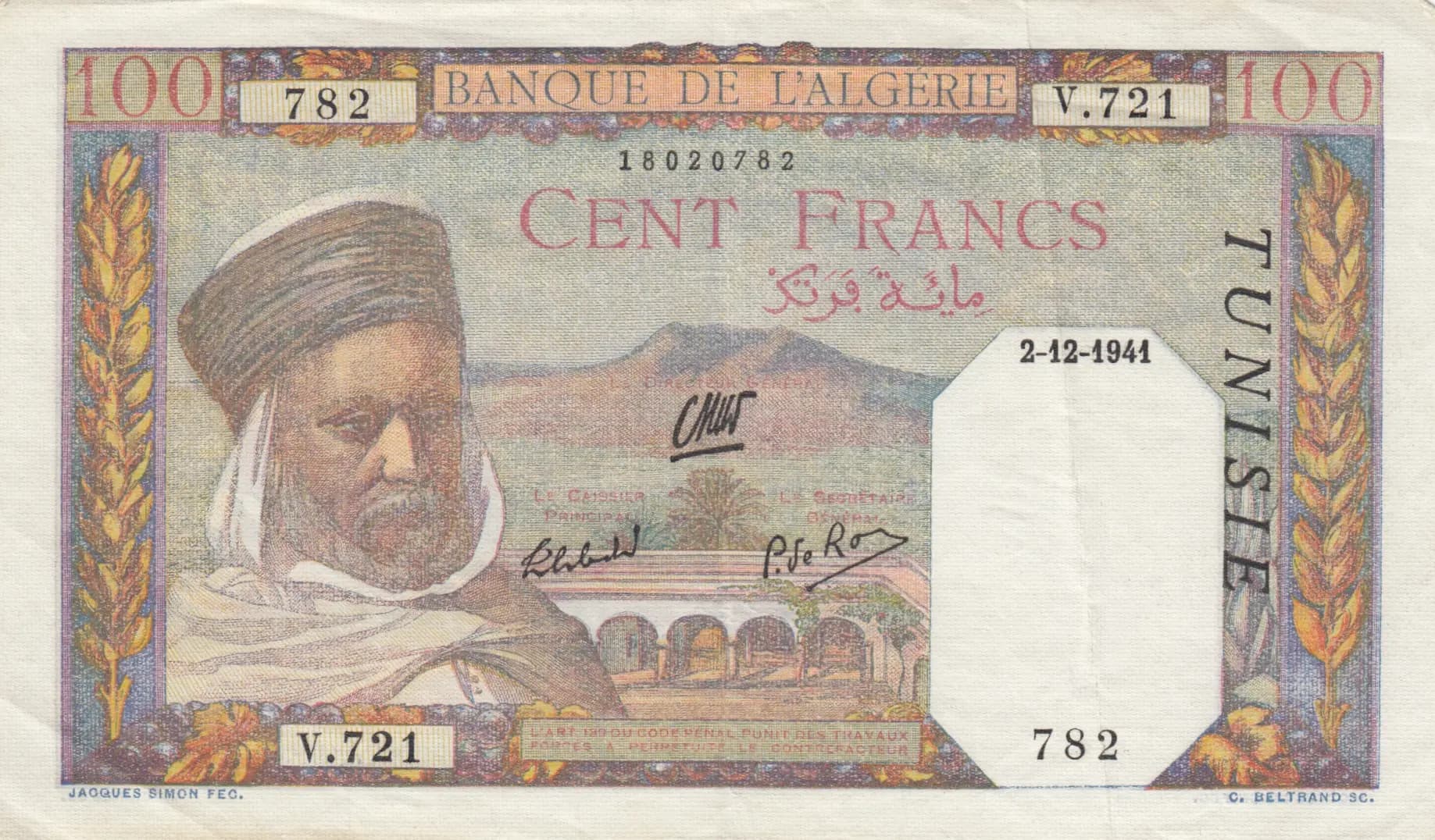 100 francs 1941 from Tunisia, P-13a